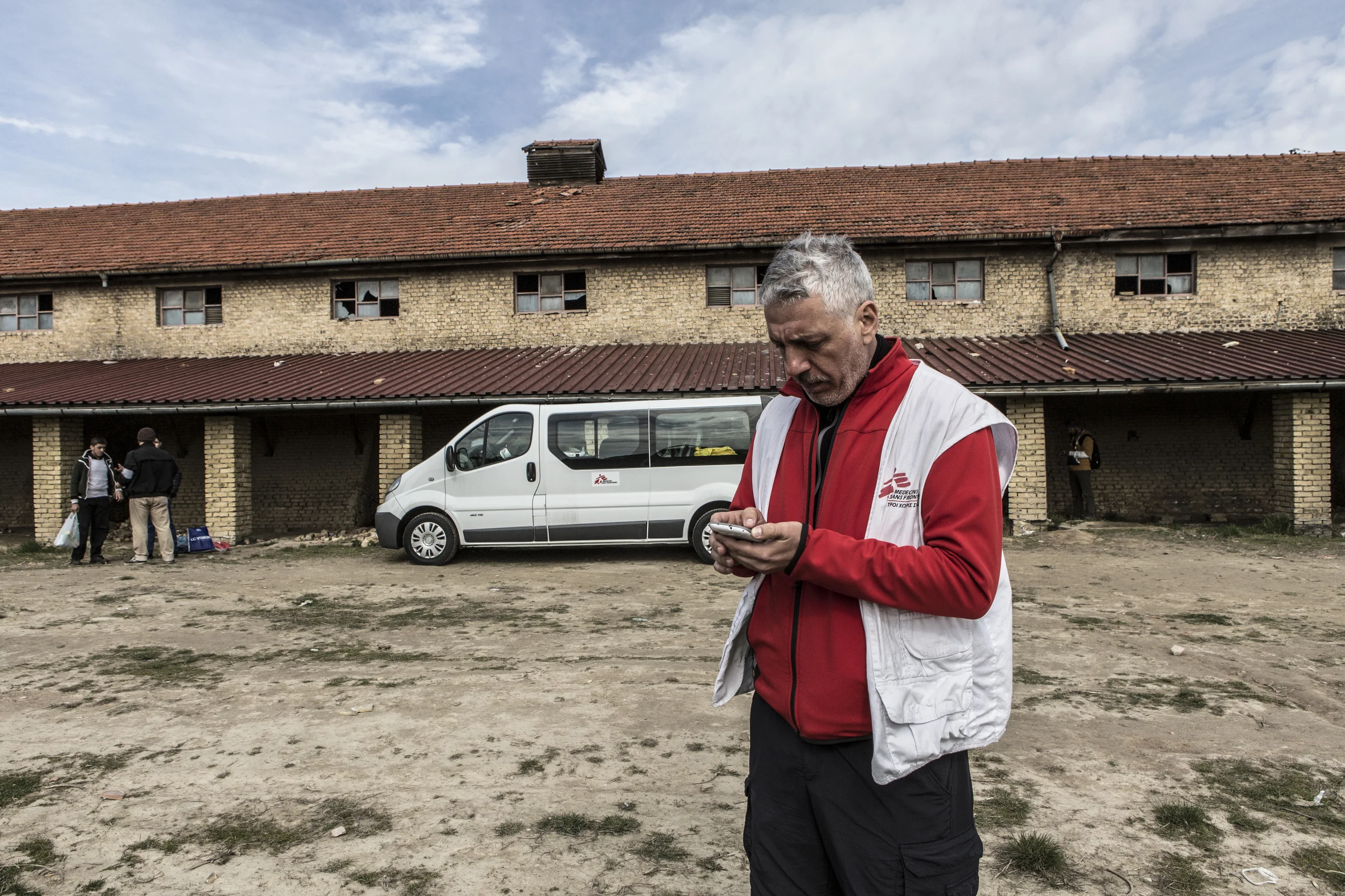 An MSF worker outside the brick factory in Subotica where a mobile clinic provides free medical care once a week.