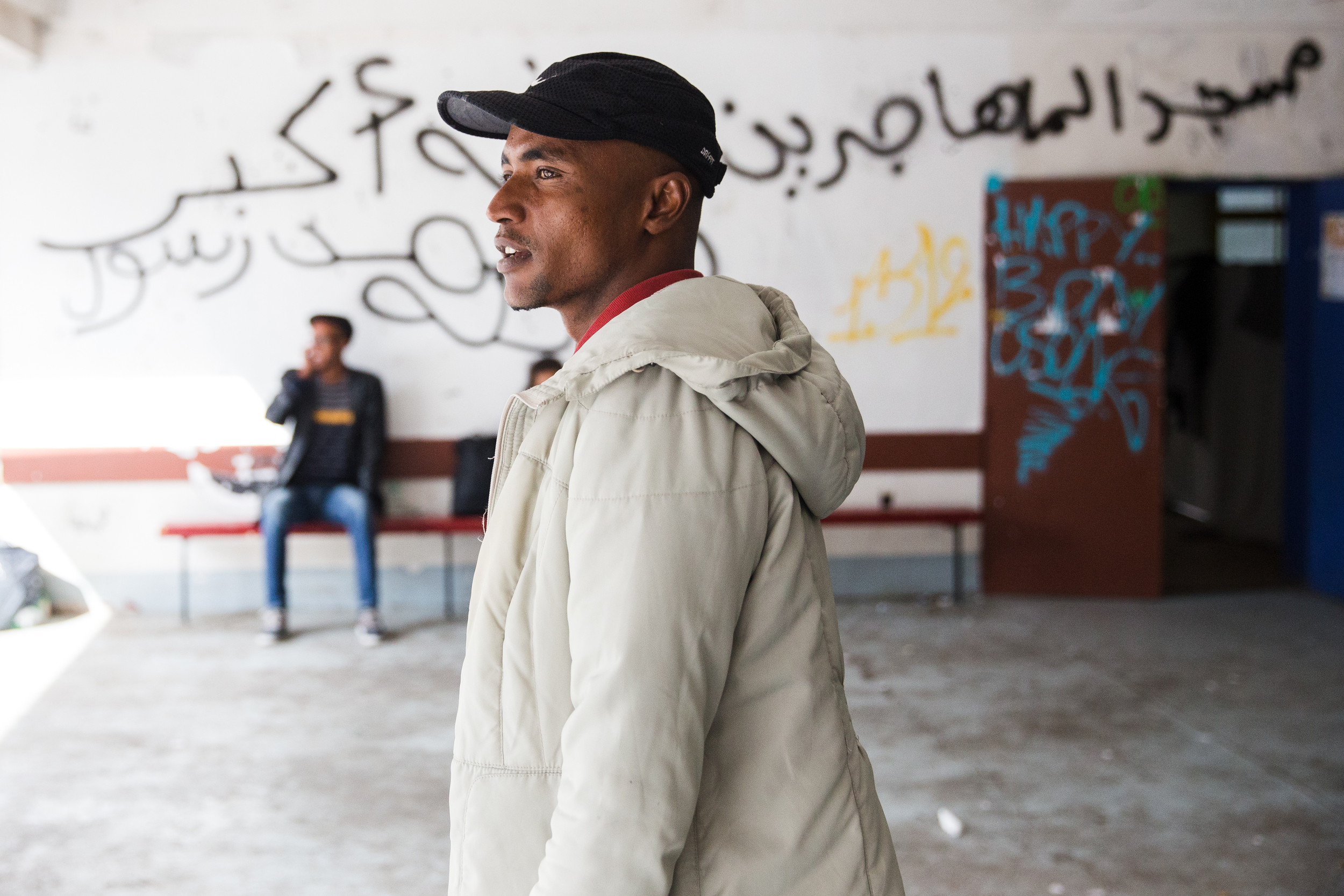 Mossab, 23, is from Post Sudan, where he worked as a housepainter. He paid a smuggler $1,000 to leave his country. After four months in the Libyan desert he caught a makeshift boat to Italy. Forty of his fellow passengers drowned.