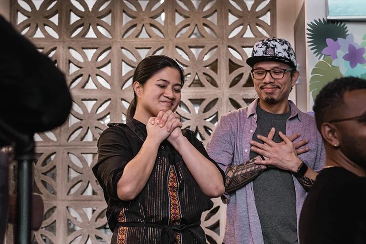Chera Amlag and Geo Quibuyen address the crowd and express gratitude to their guests at a brunch celebrating their opening in the CID. Photo by Auriza Ugalino.