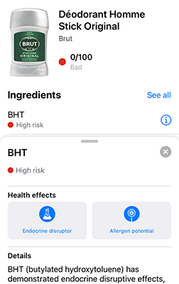 Screenshot from the Yuka app - food &amp; cosmetic scanner