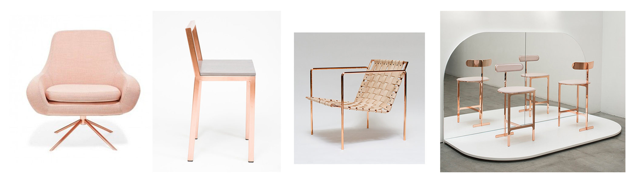 From left to right: Softline Apricot swivel curved chair $1700; Assembly design Copper slight chair; Eric Trine Rod&Weave chair; Yabu Pushelberg Avenue Road chair collection