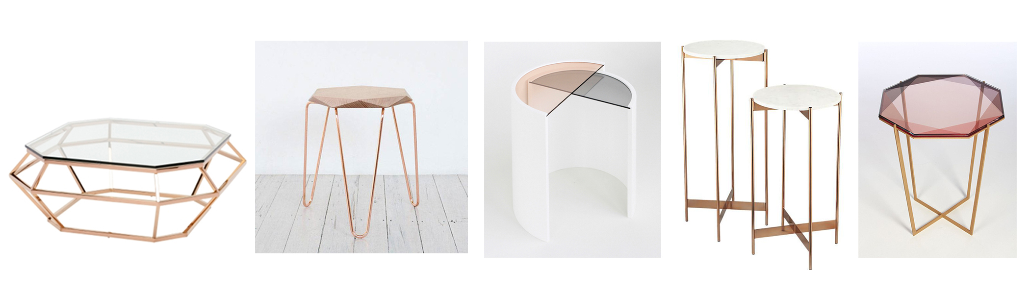 Nuevo Modern Furniture Diamond sq coffee table $1450; Klein Gem stool $275; Bower contour side table; CB2 Marble rose gold cocktail tables $179; Gem coffee table