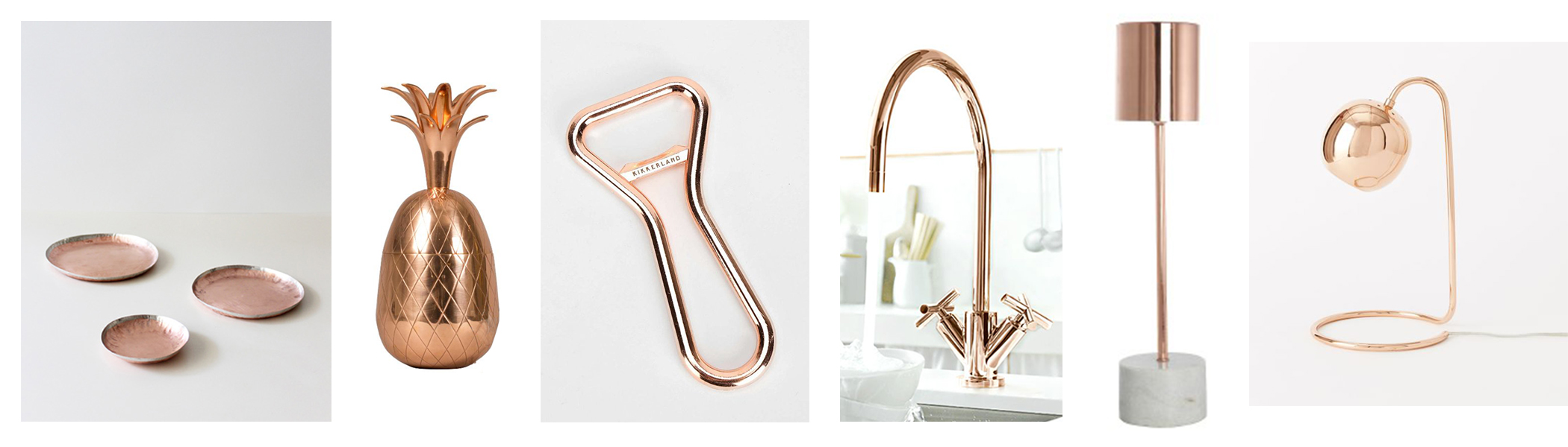 Oy/Objects Thin copper plates; Merchant Archive Pineapple $250; Urban Outfitters Copper bottle opener; Dornbracht Cyprum faucet; The Bowery marble and copper lamp $400Westelm scoop lamp $69.