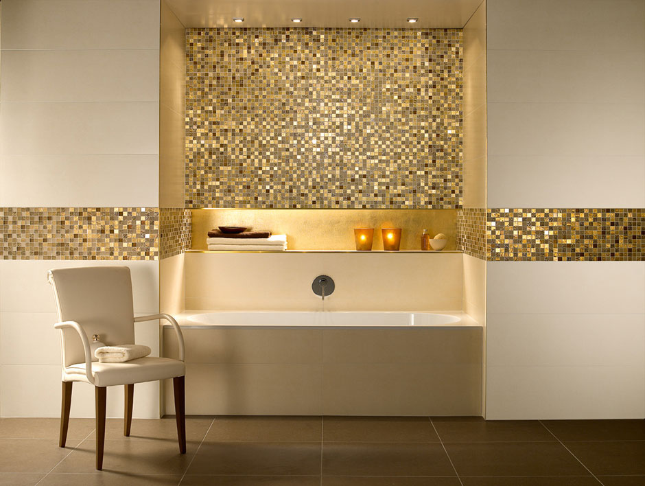 Gold Mosaic Tiles at a Spa turns what is otherwise a boring lit space into a piece of art, just from its reflection