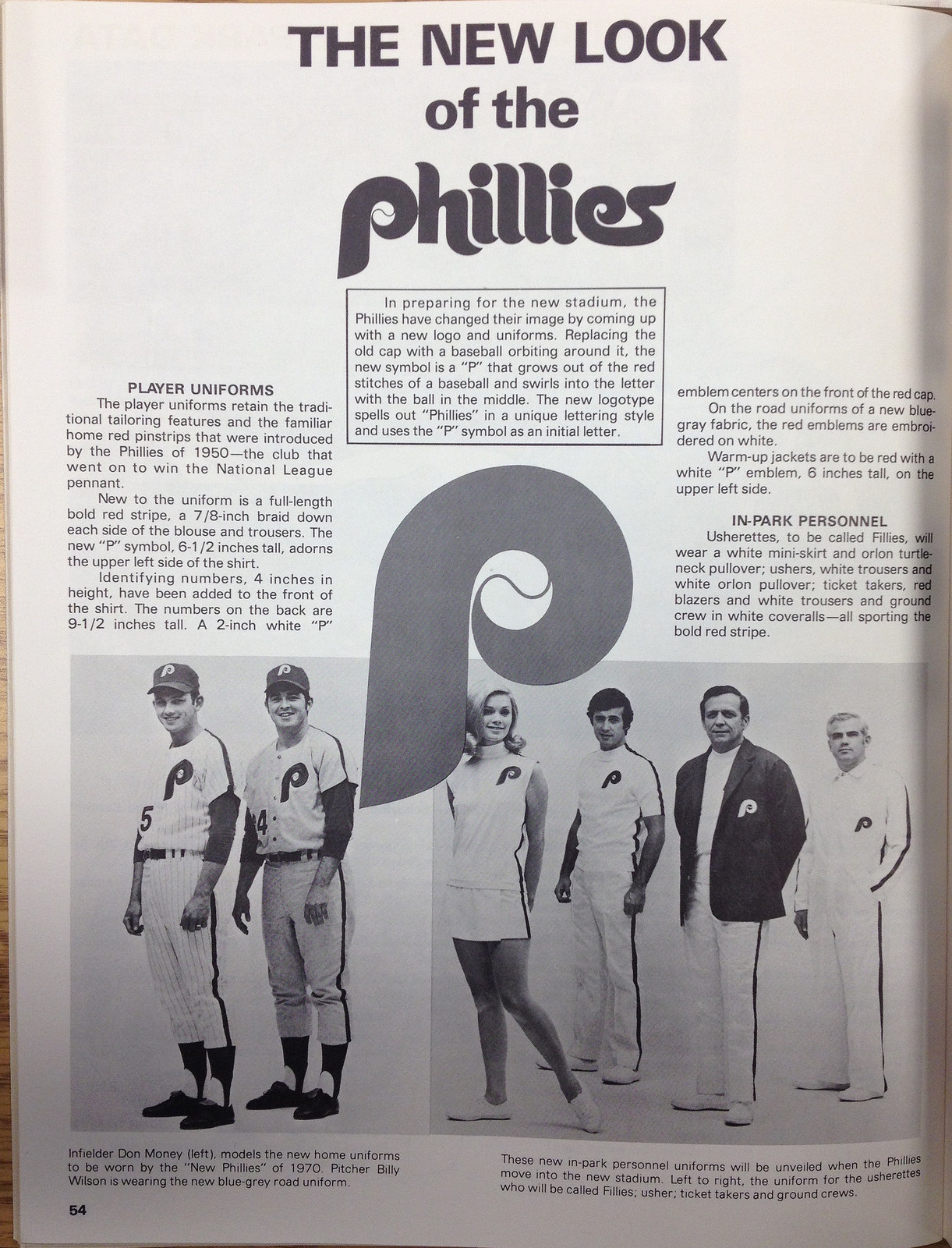 Debut of the Phillies "swirling-p" uniforms in the 1970's
