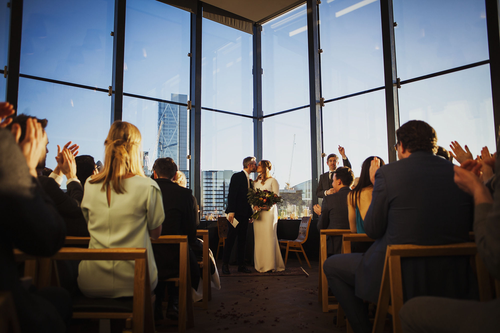 bride and groom first kiss at the ace hotel london