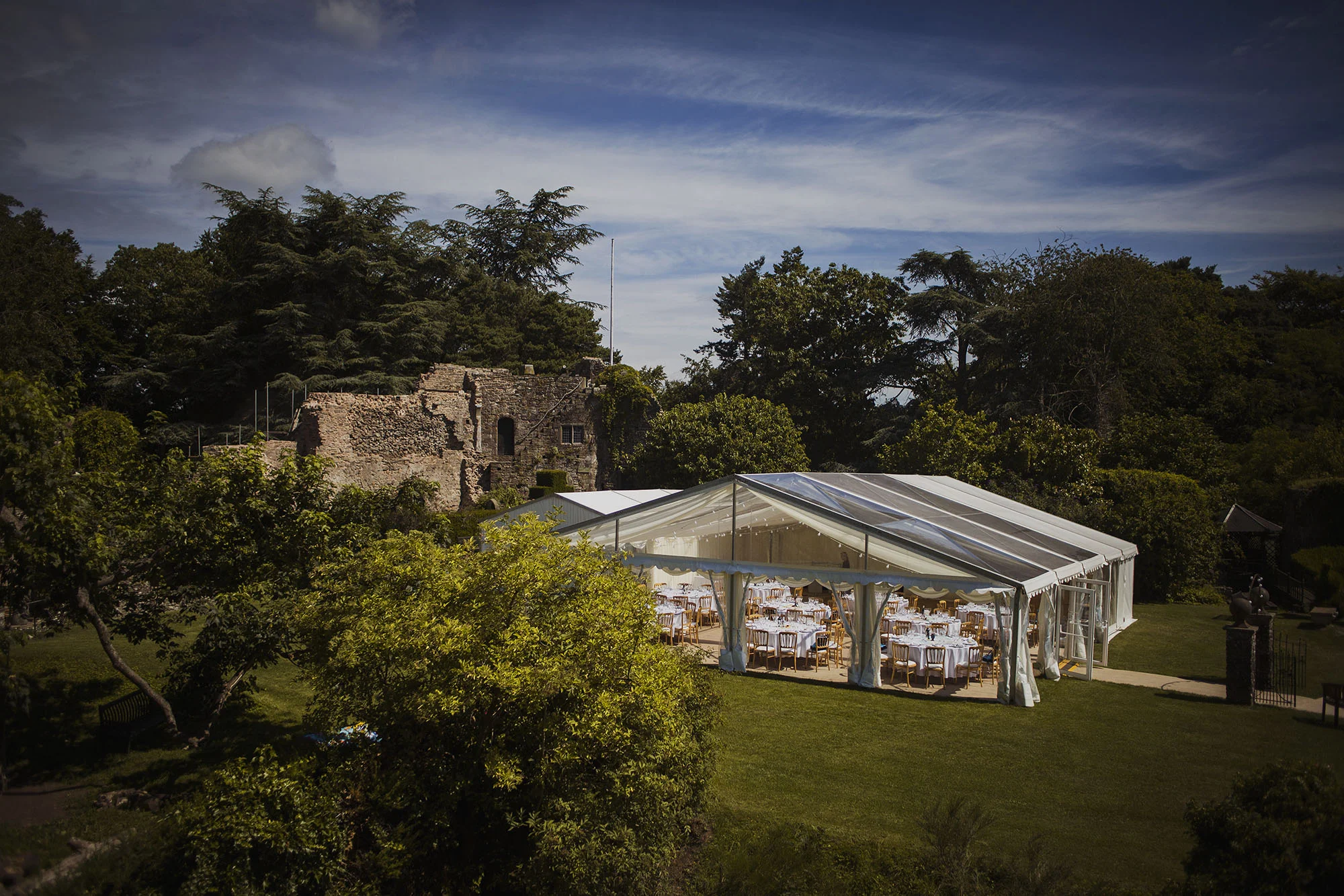 usk castle view from tower with county marquee