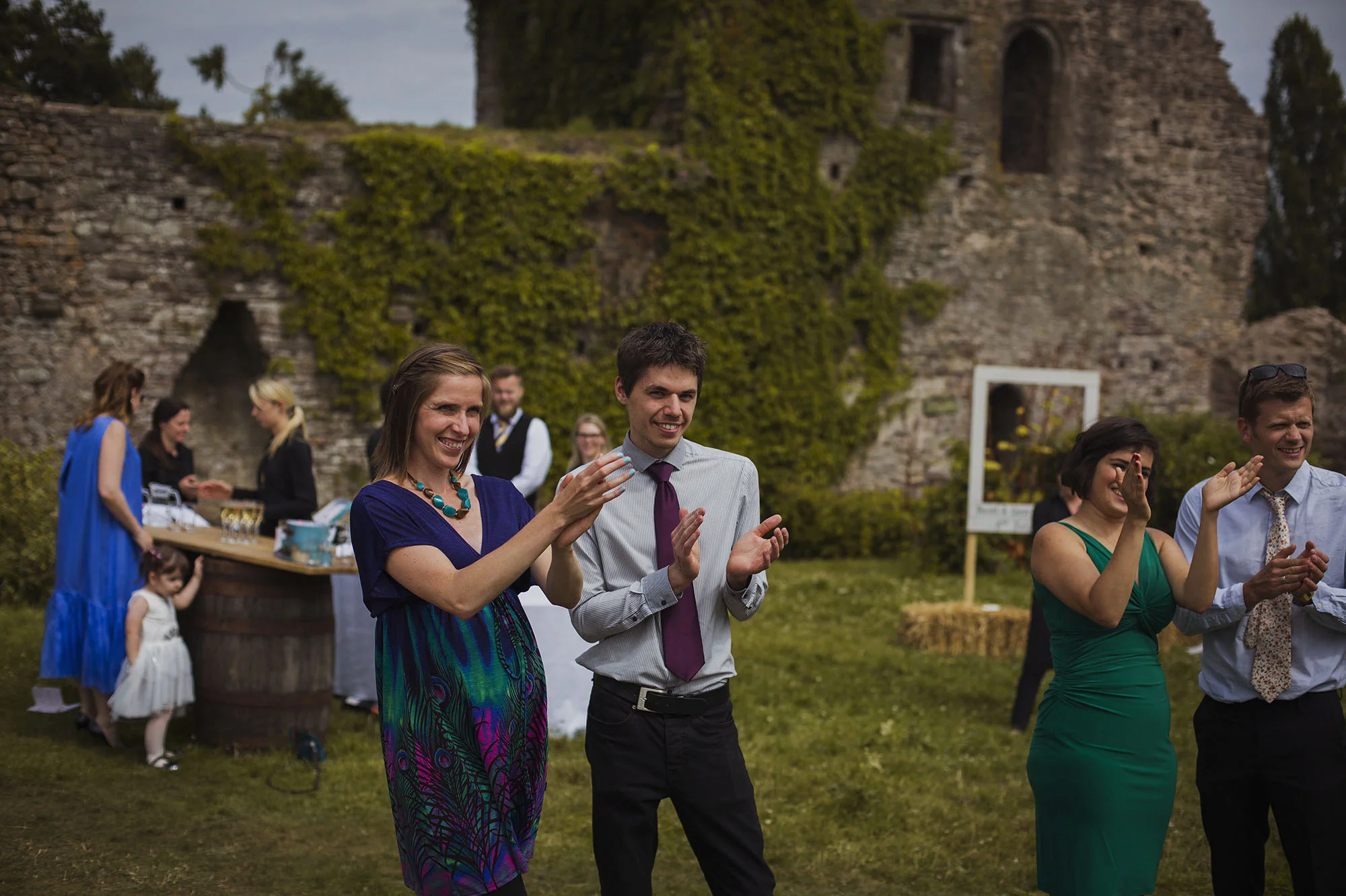 wedding guests clapping at usk castle