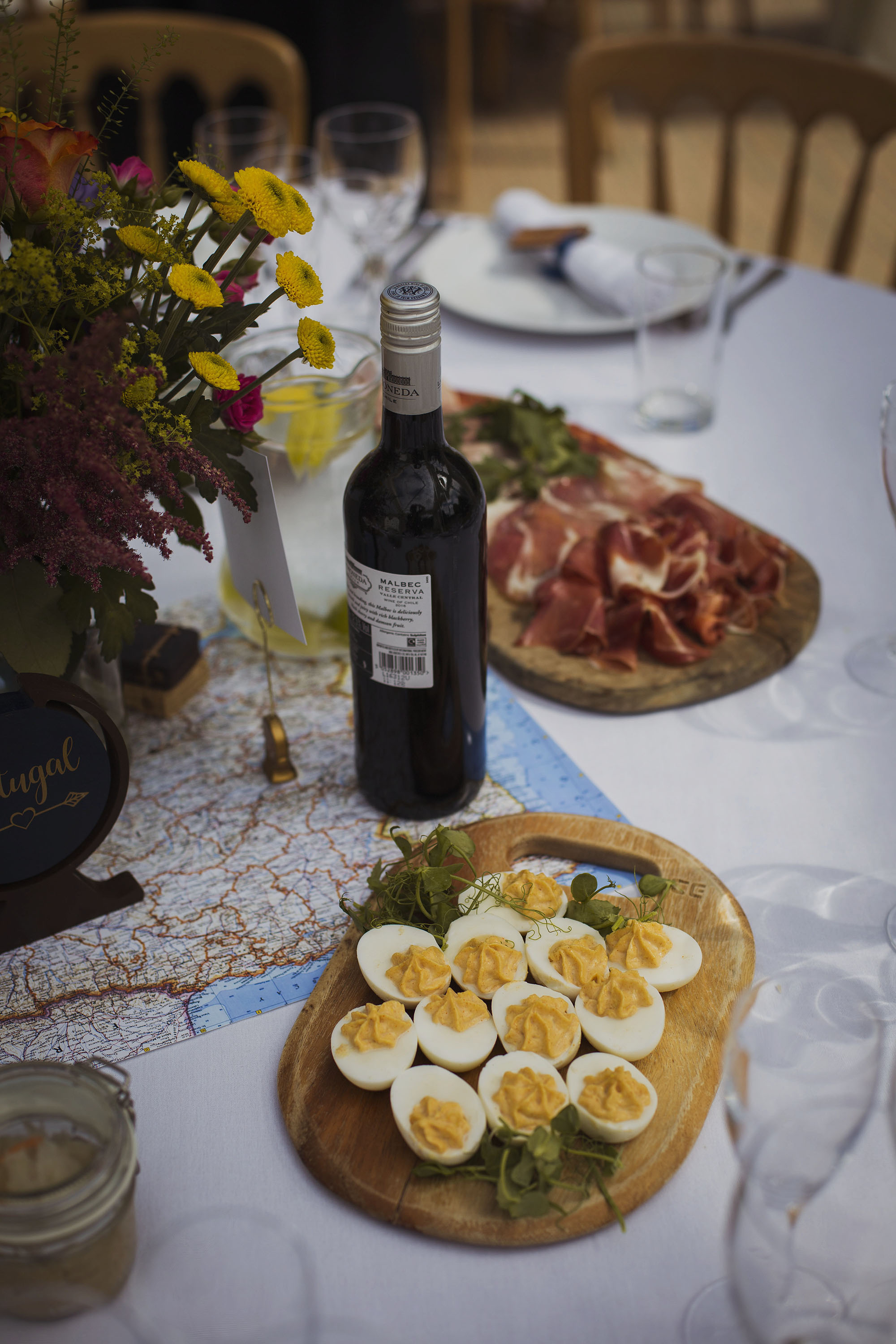 deviled eggs on wedding breakfast table at usk castle