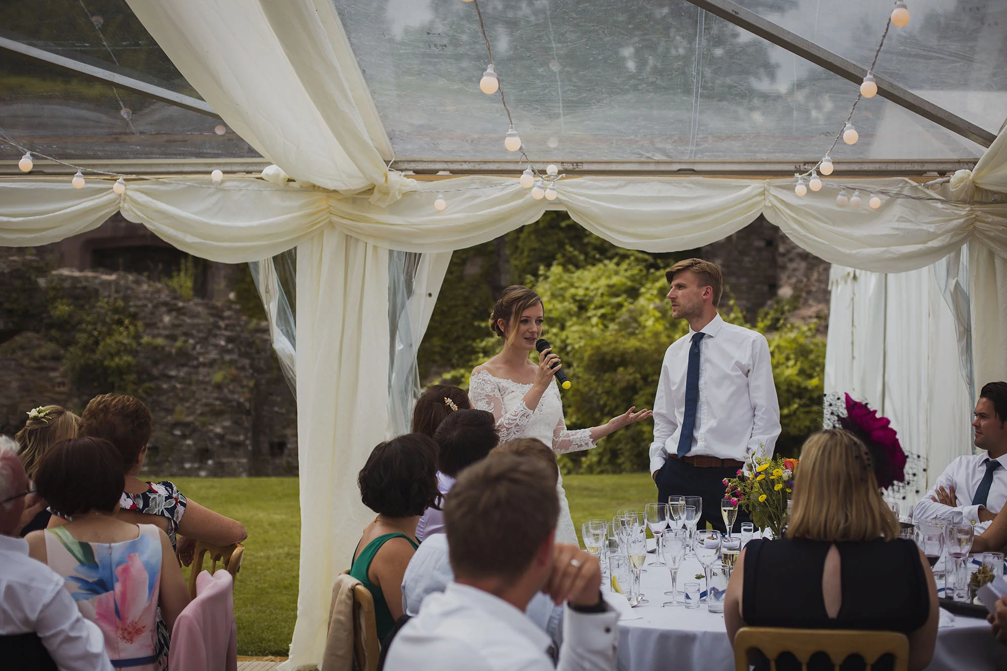 bride giving speech at wedding breakfast at usk castle