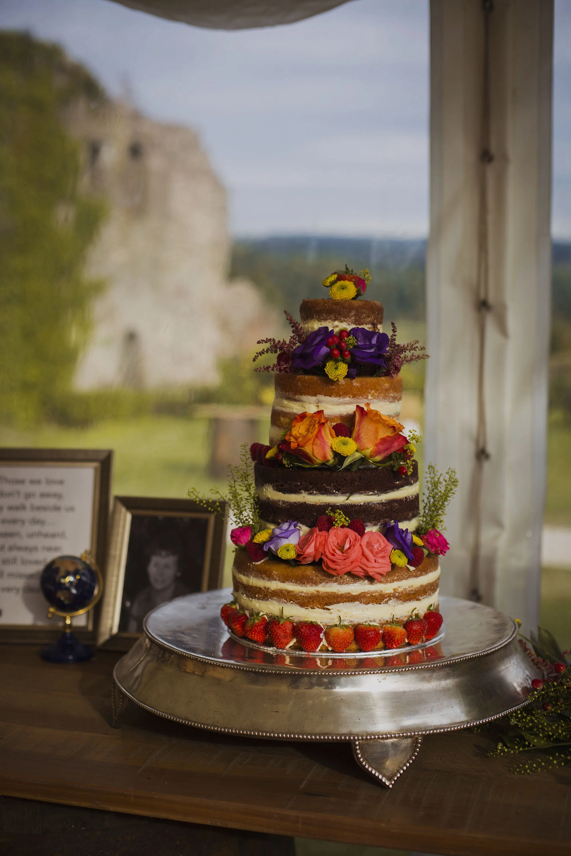 naked floral wedding cake at usk castle