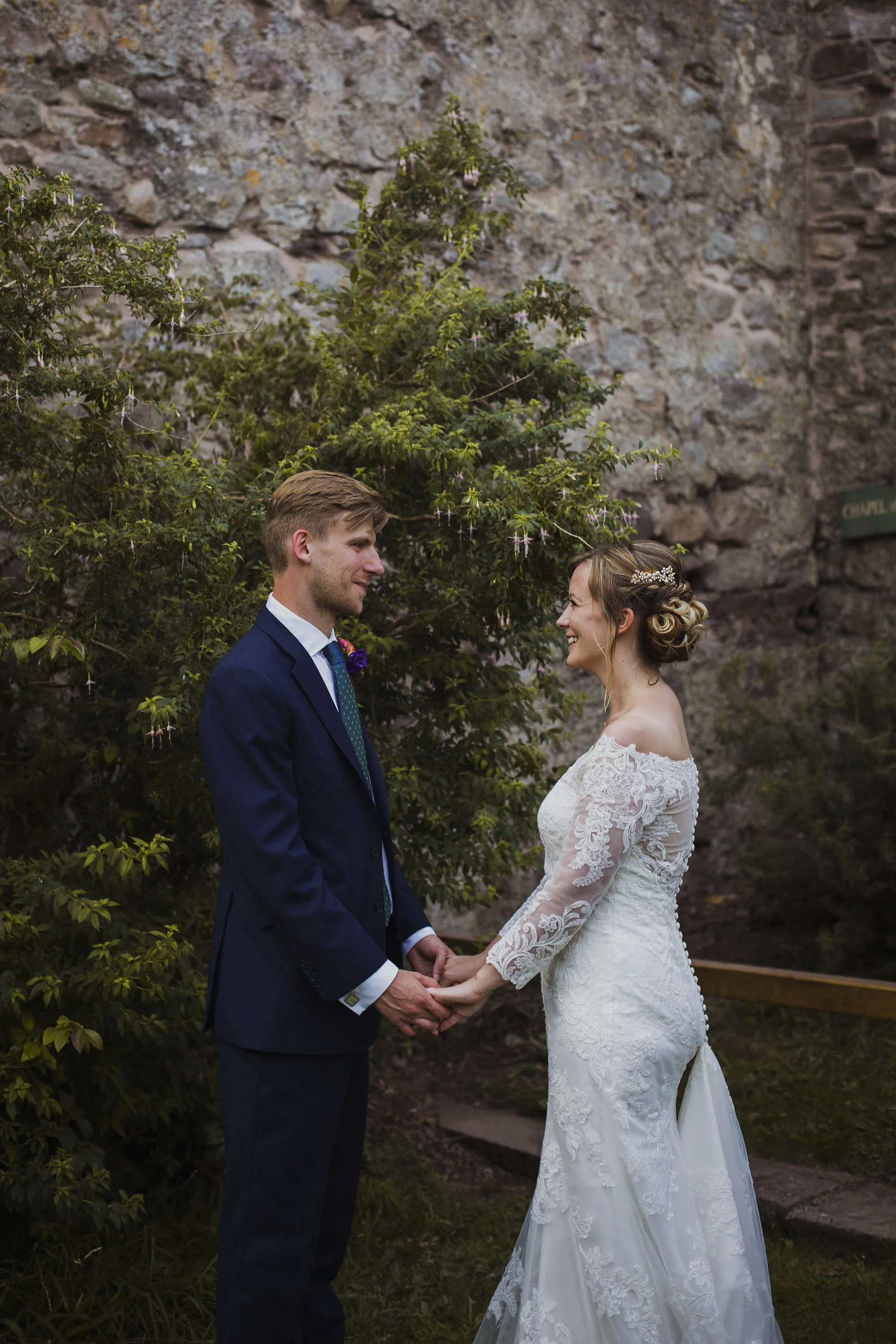 bride and groom at usk castle wedding venue