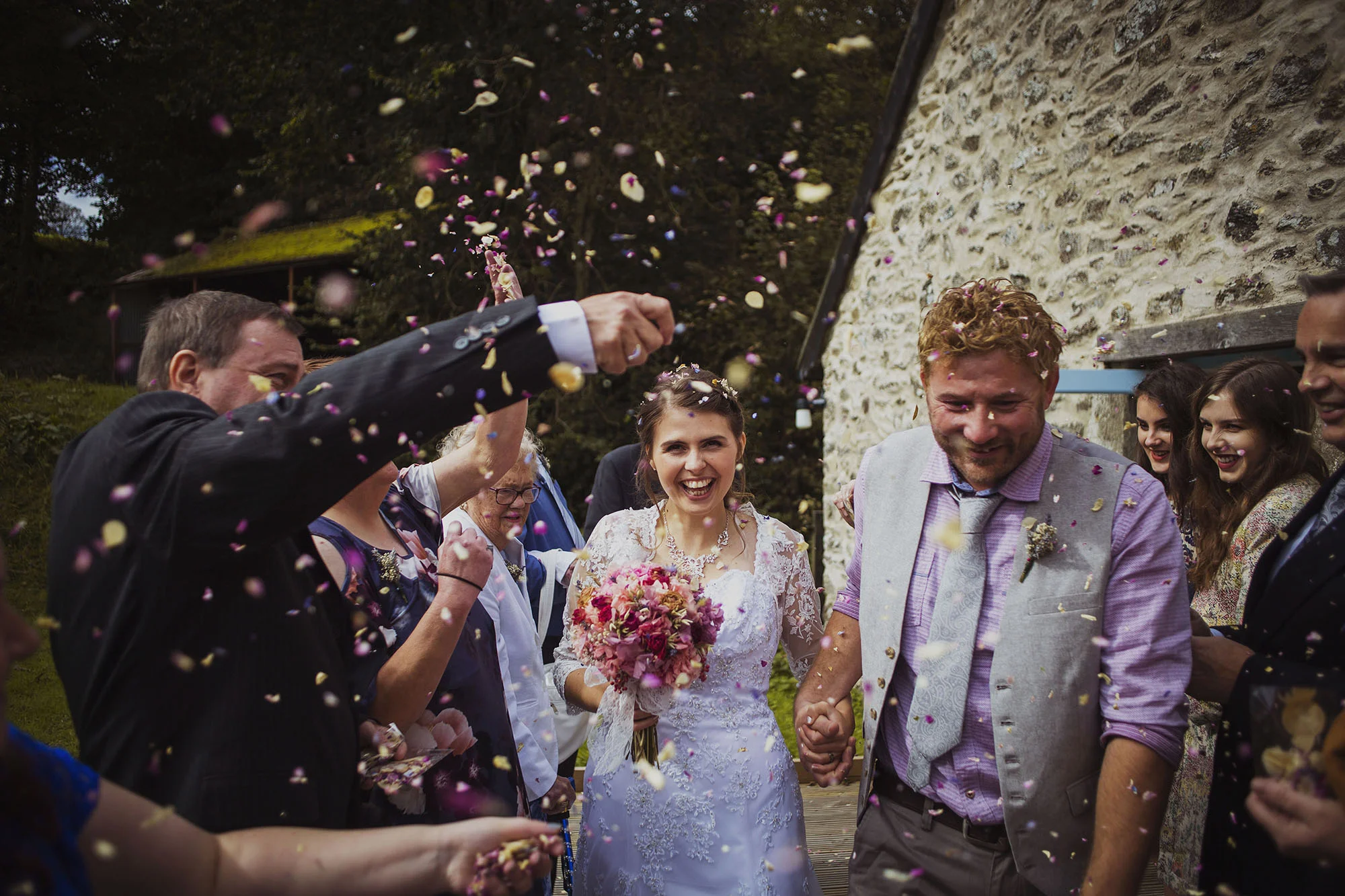 bride and groom confetti at nantwen wedding venue