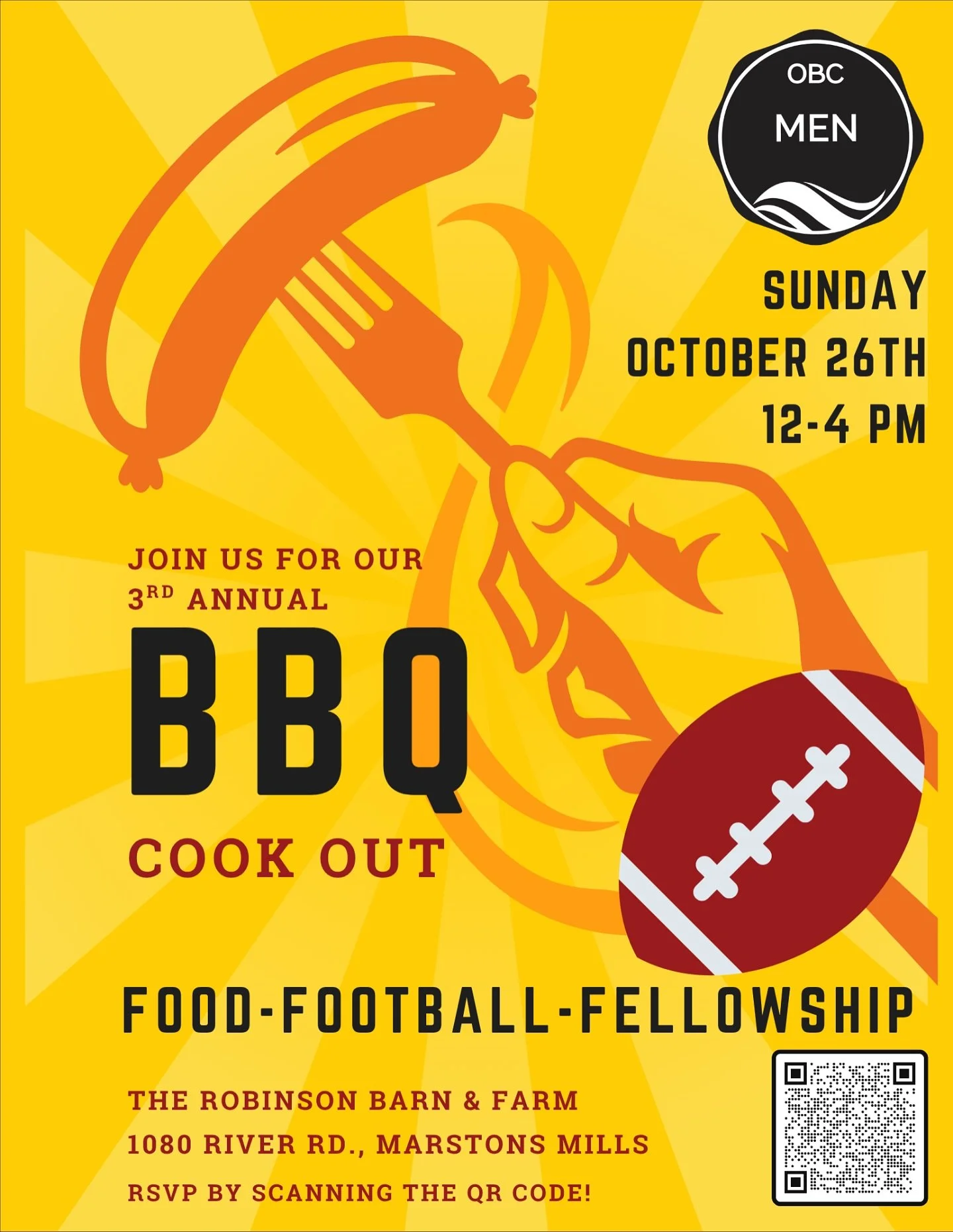 Get ready for the OBC Men&rsquo;s Annual BBQ Cook Out! Come hang out for some great food, football, and fellowship on Sunday, October 26th, from 12-4 PM. It&rsquo;s at The Robinson Barn &amp; Farm in Marstons Mills. Please RSVP today by clicking the 