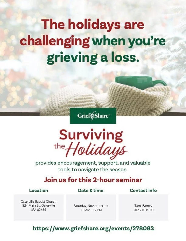 Grief Share Surviving the Holidays: Sat, Nov. 1st 10-12pm
The seminar features video interviews with counselors, grief experts, and other people who have experienced the holidays after their loved one&rsquo;s death and who offer practical suggestions