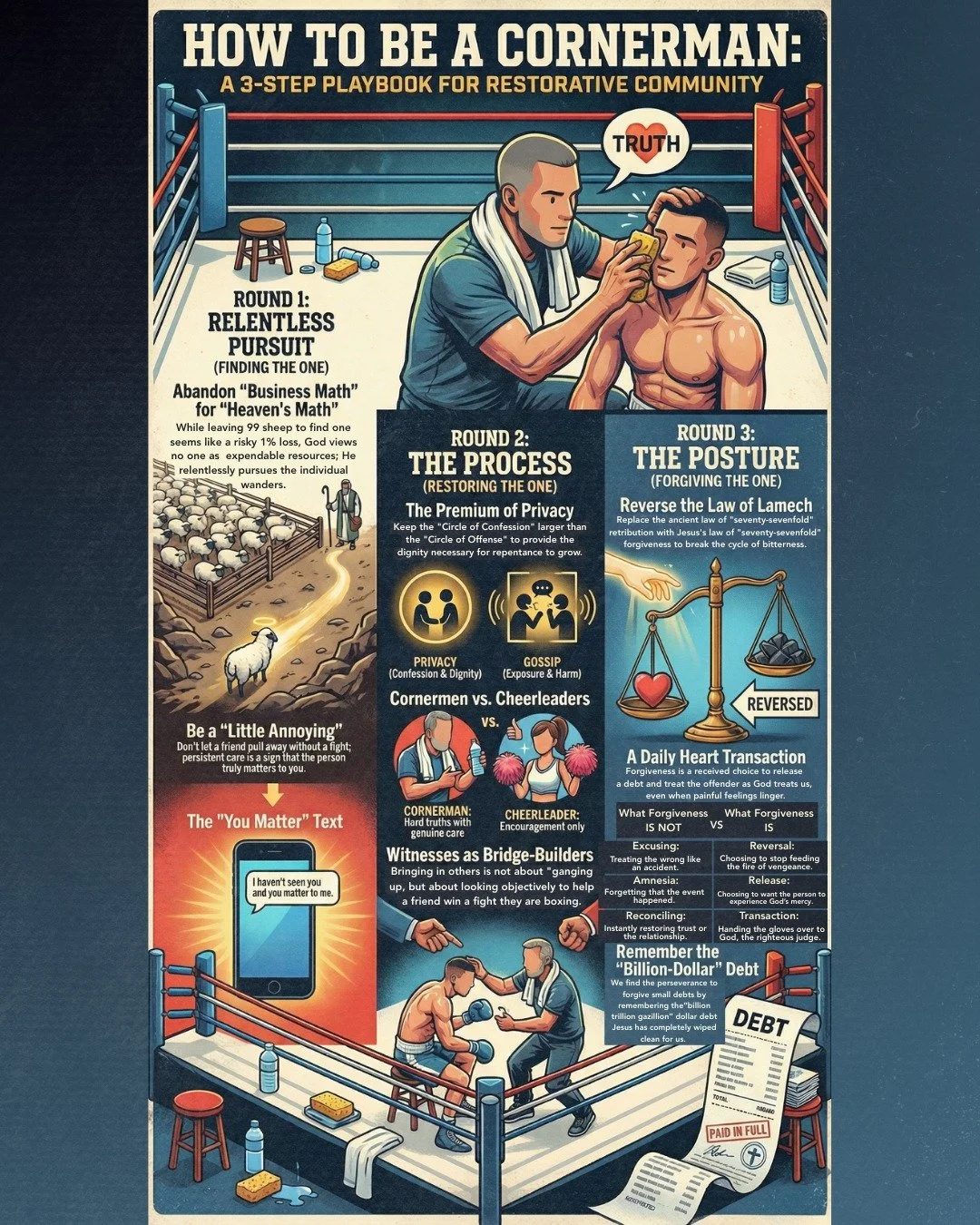 Are you a Cheerleader or a Cornerman? 🥊

This past Sunday, Pastor Rob challenged us to look at Matthew 18 through a new lens: the lens of a "Cornerman."

In the ring, a cornerman doesn&rsquo;t just shout from the sidelines. They get in the