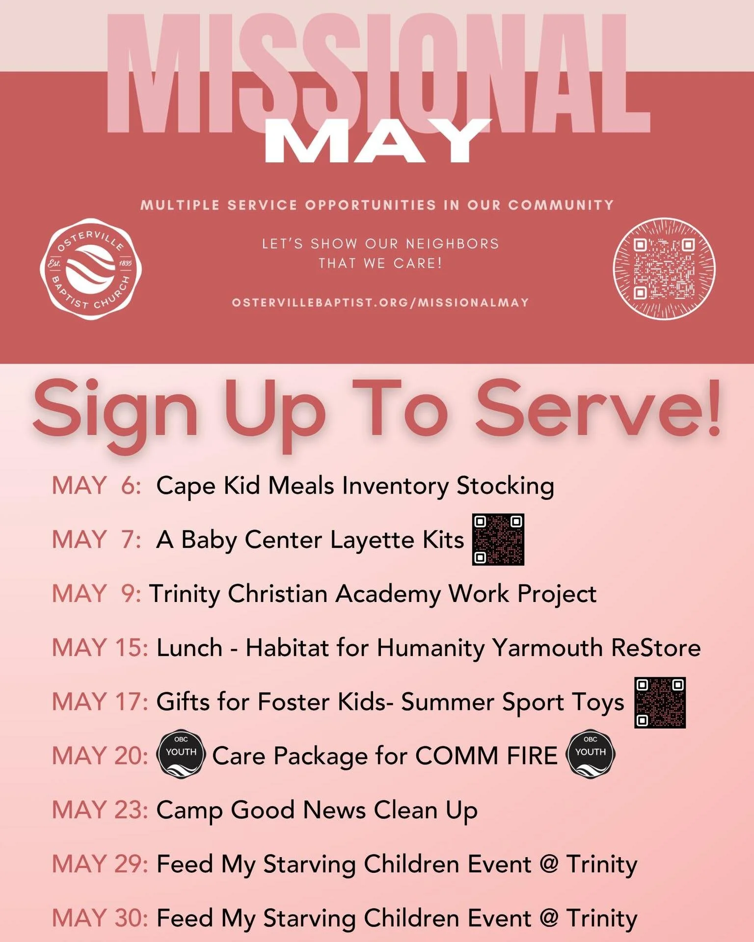 Happy Missional May, OBC Family!
The wait is finally over! Today marks the start of a month dedicated to stepping outside our walls and showing the love of Jesus to our community in tangible, "hands-on" ways.

We have been blown away by the
