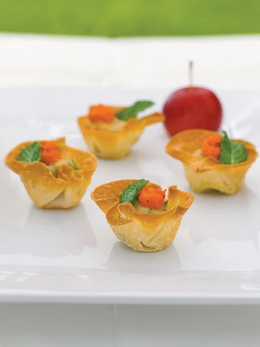  CILANTRO HUMMUS AND ROASTED RED PEPPER GOAT CHEESE IN WONTON CUPS