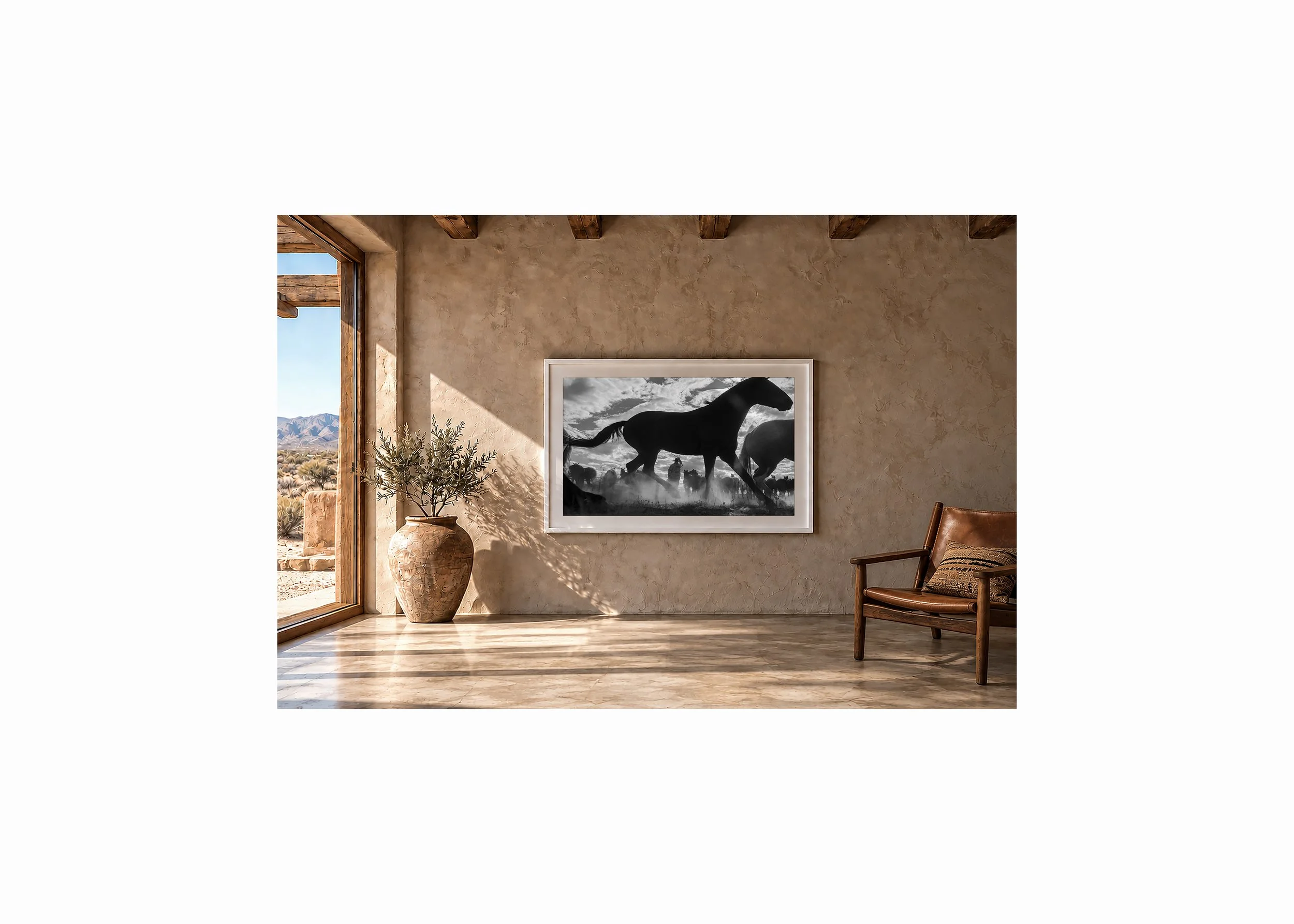 Fine art photography print of a silhouetted horse in a cloud of dust and cowboy in the background