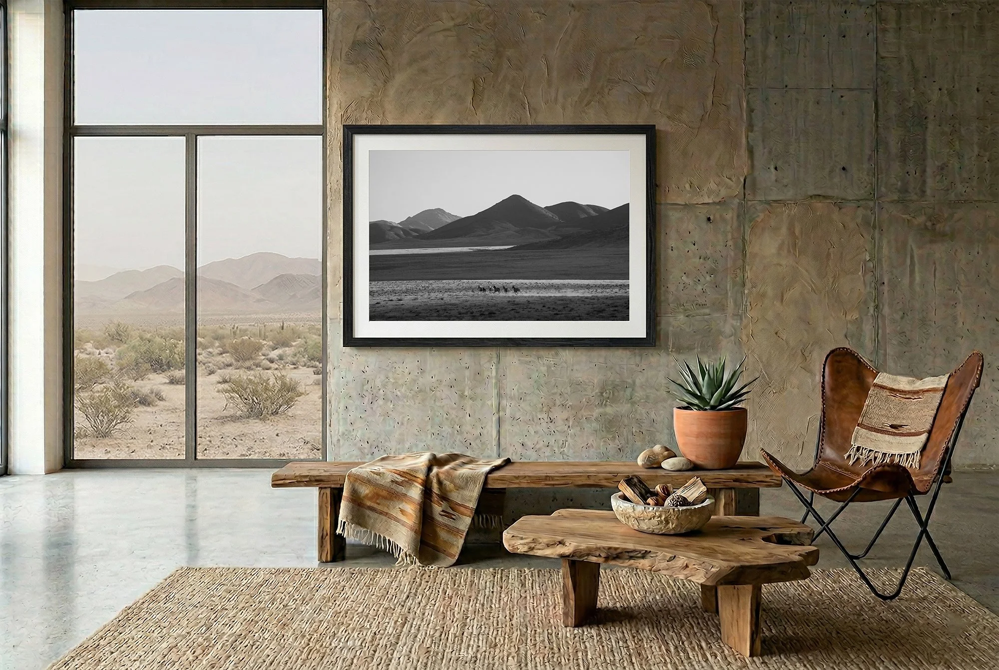 Black and white cowboy photography print of riders crossing a desert valley landscape displayed in a black frame in a modern Western living room