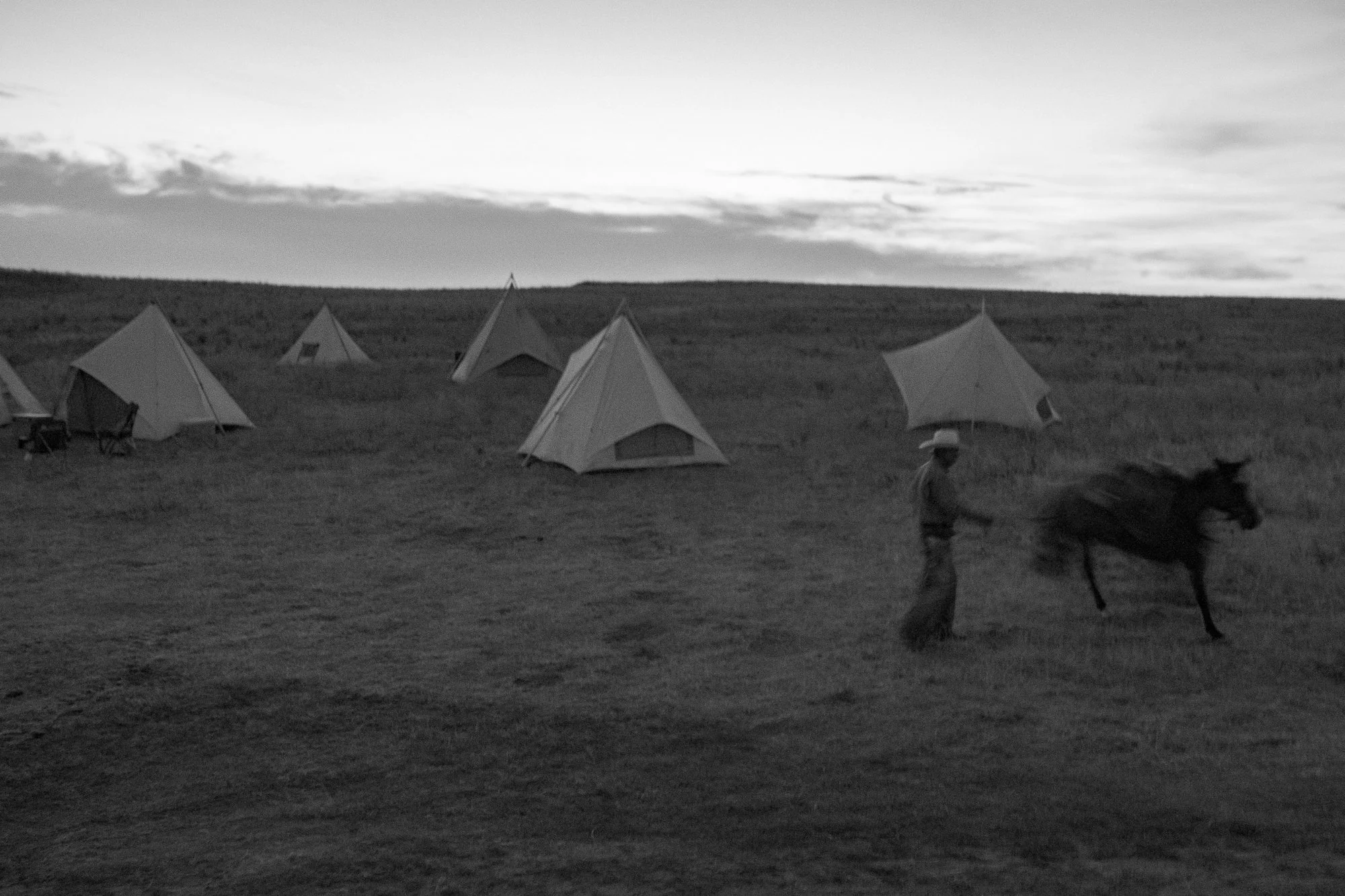 Cowboy leading a horse past canvas tents at before sunrise at the 6666 Ranch in Texas.