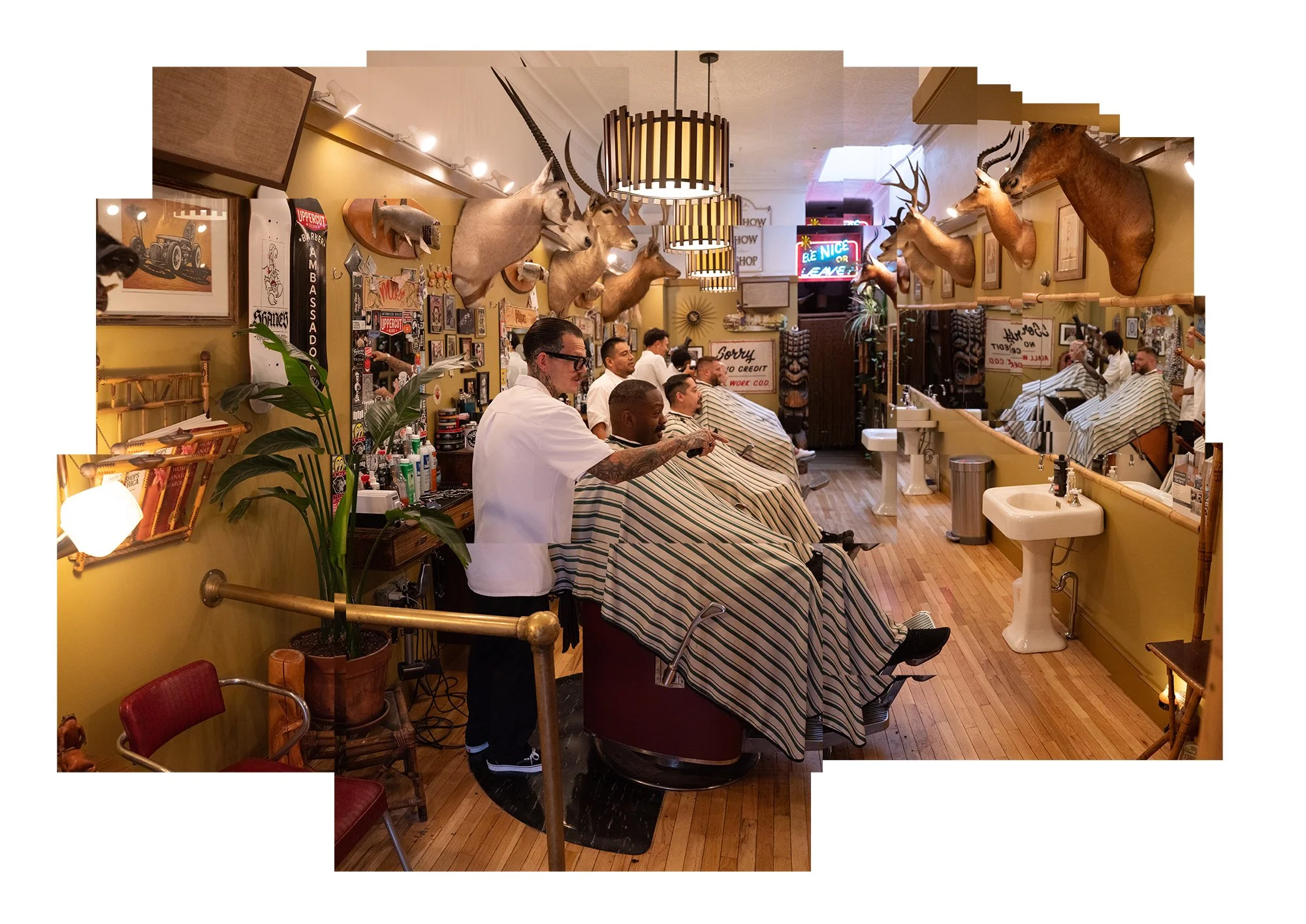 A collage of the Pugsly's barbershop interior showing barbers working with clients, barber chairs, mirrors, plants, and mounted animal displays.