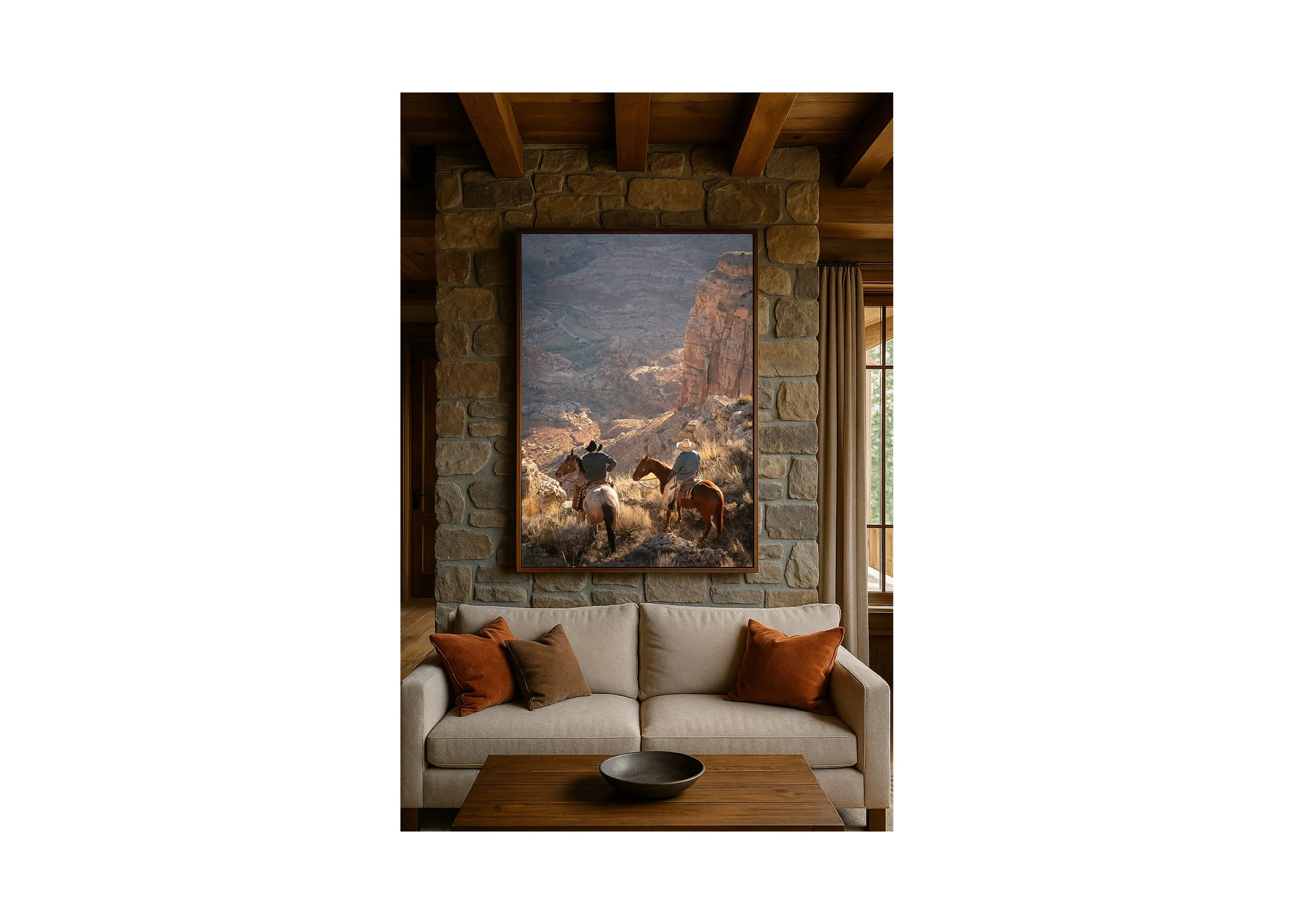 Authentic cowboy scene with riders on horseback at the canyon rim, rugged American West landscape wall art.