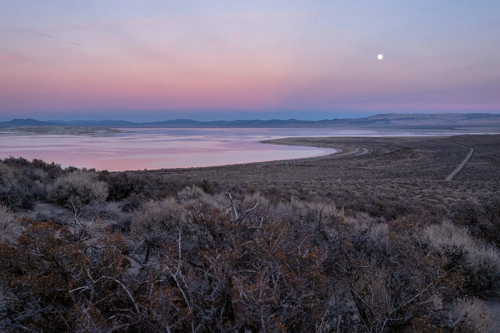  Soft pink and lavender tones spread across the lake at twilight, with distant shoreline barely visible. The scene feels suspended between day and night, emphasizing calm and spatial depth. 