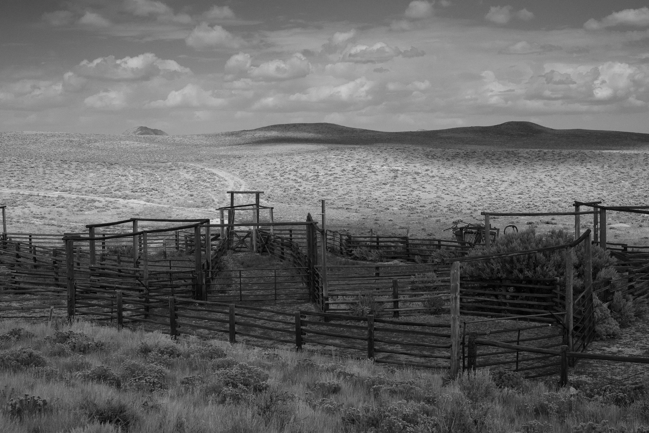  Expansive network of wooden corrals and gates stretching across open rangeland beneath a cloud-filled sky. 
