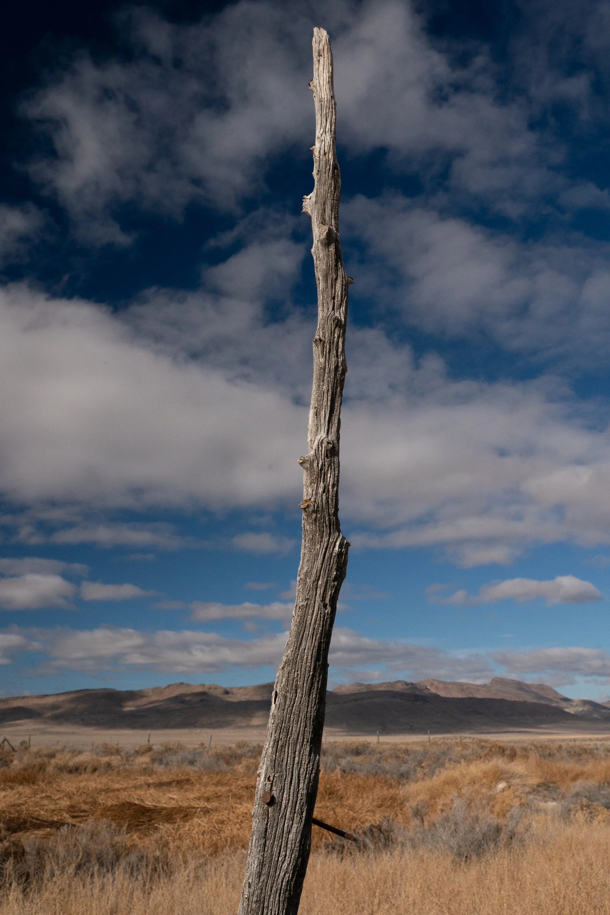  Isolated weathered wooden post standing in an open high desert landscape beneath a deep blue sky with scattered clouds. 