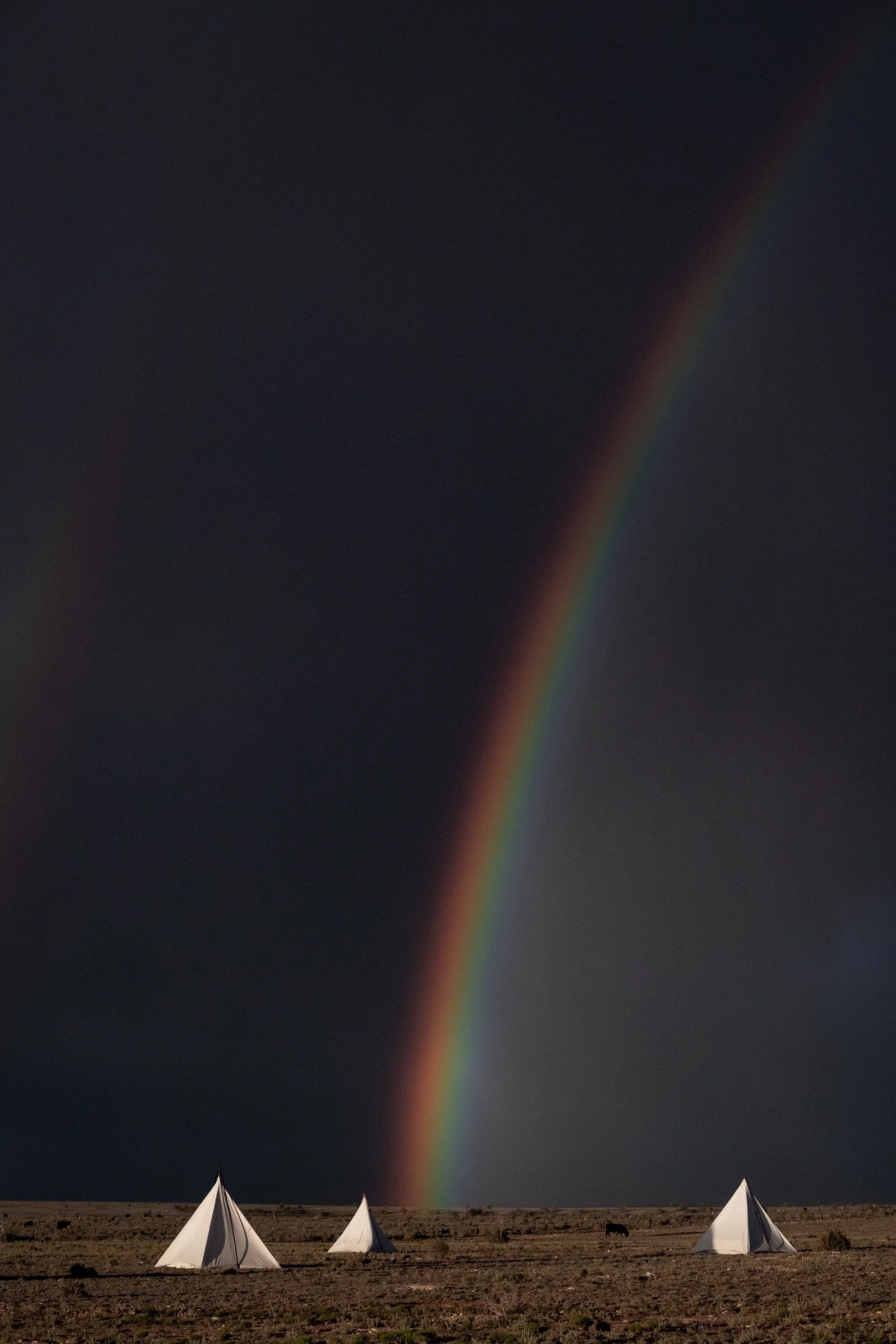  Rainbow descending from a dark storm sky above a remote Western cattle camp with canvas tents. 