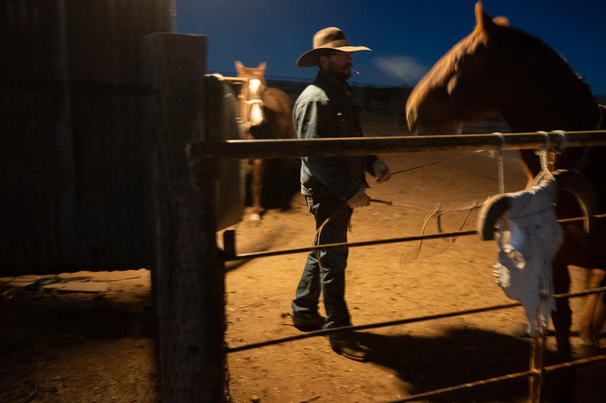  Photograph of a cowboy smoking a cigarette early in the morning as he approaches his horse  