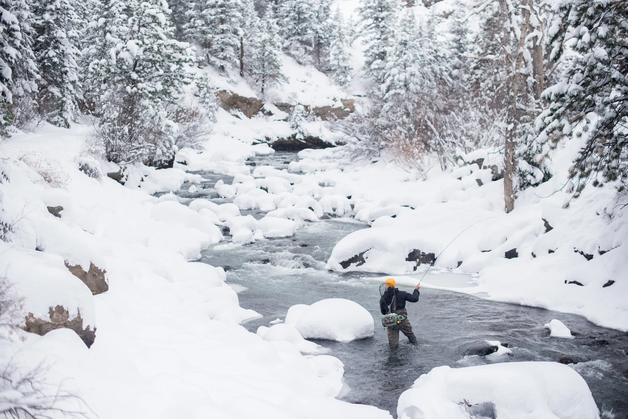 A wide view of an angler fishing in Clear Creek in Colorado during winter surrounded by snow-covered banks and trees.