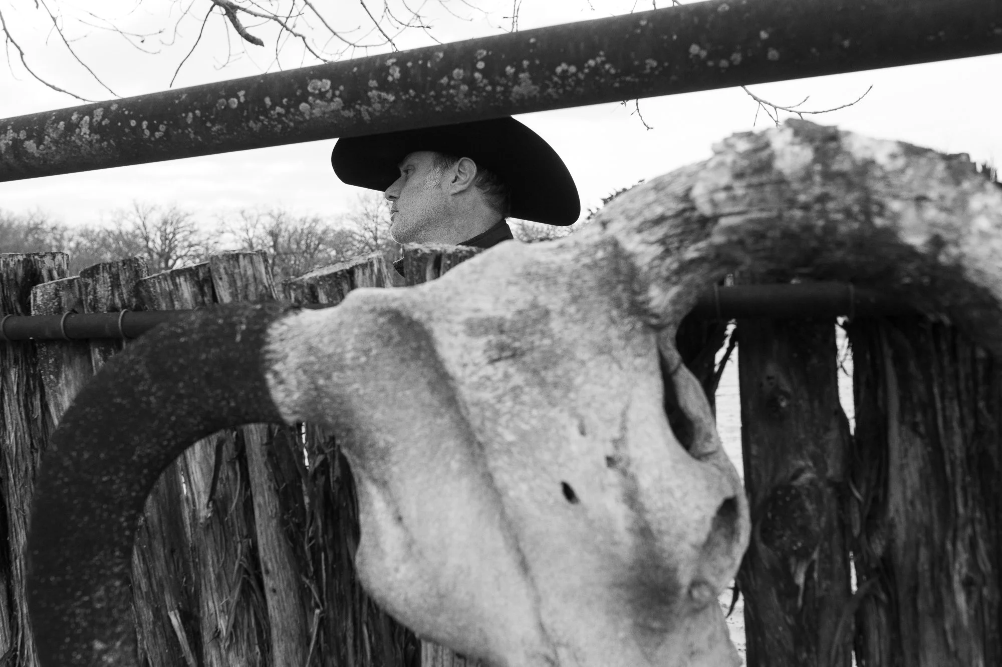 Profile of Western artist Teal Blake behind a wooden ranch fence with longhorn skull in foreground