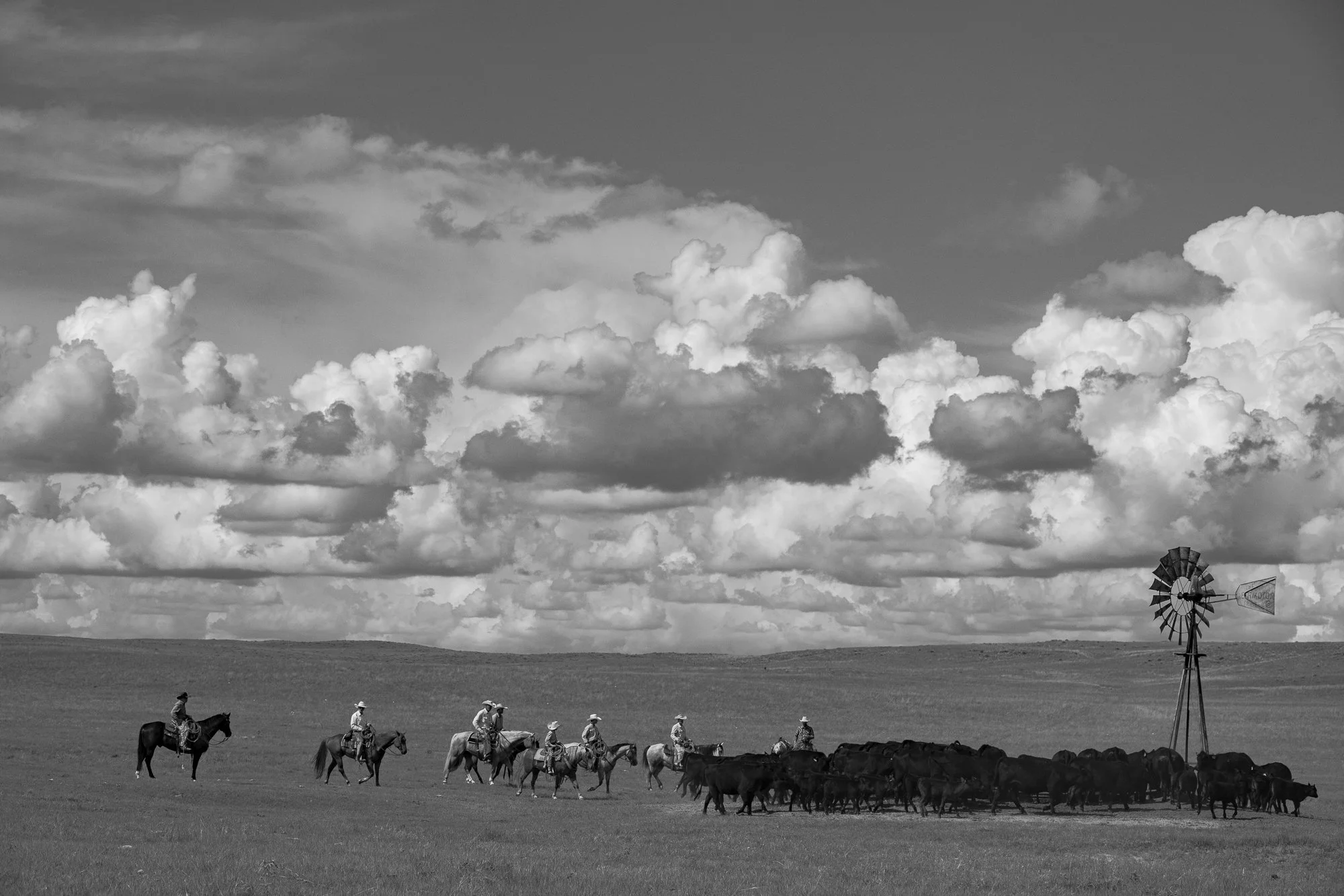 Cowboys on horseback moving cattle across open ranch country beneath a large sky