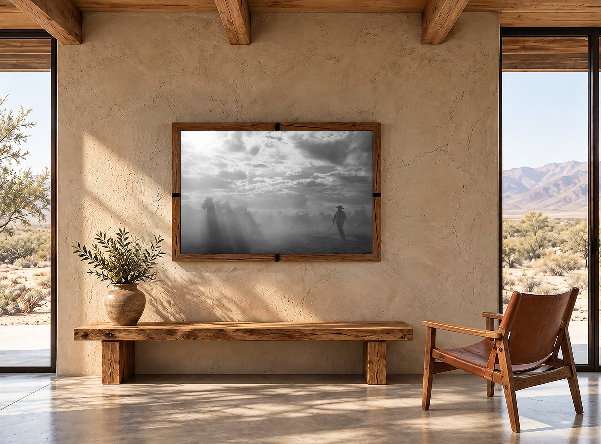 Authentic dusty cowboy printed framed and hung in a Western home.