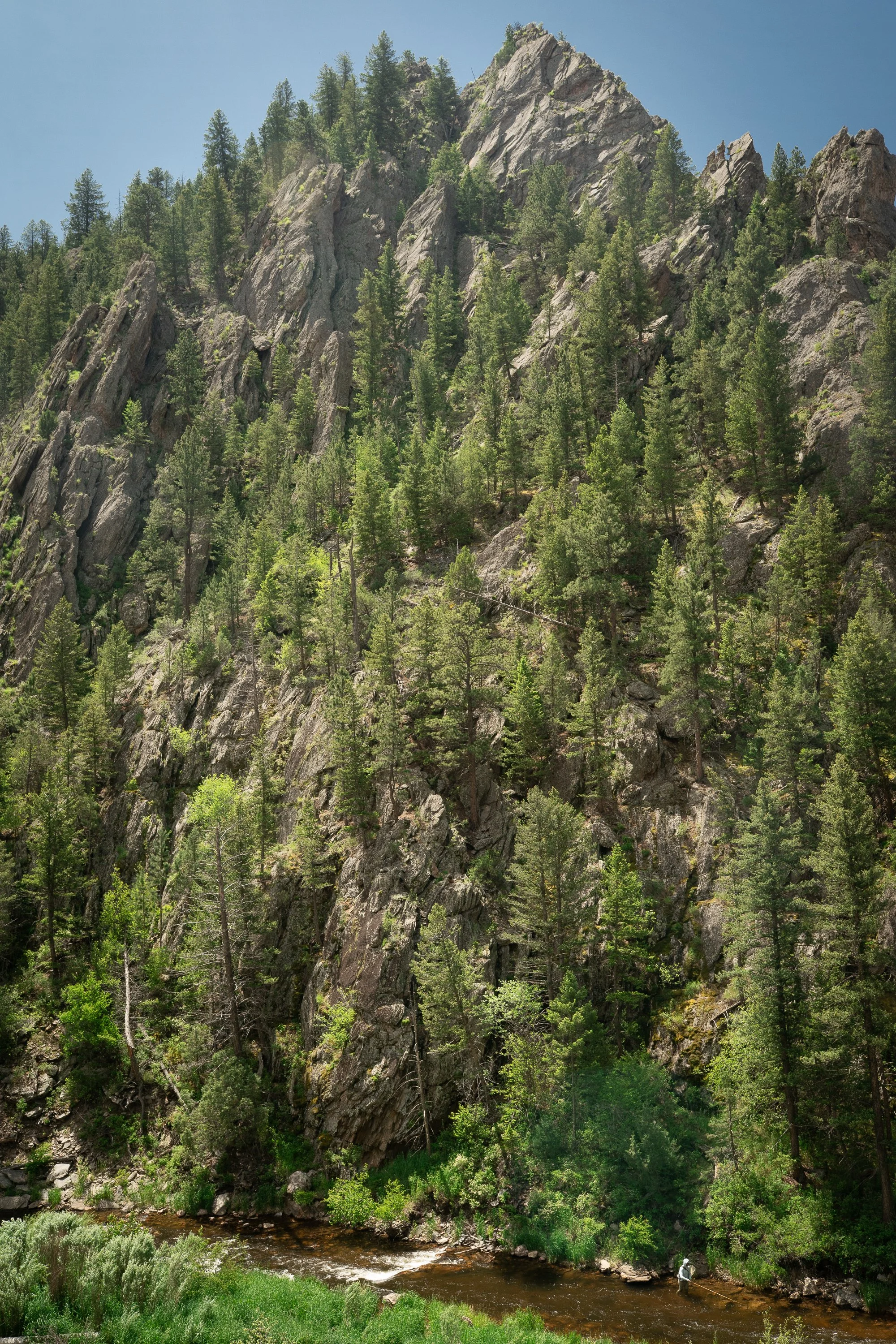 A wide canyon landscape shows an angler fly fishing in the Big Thompson River below steep rock walls