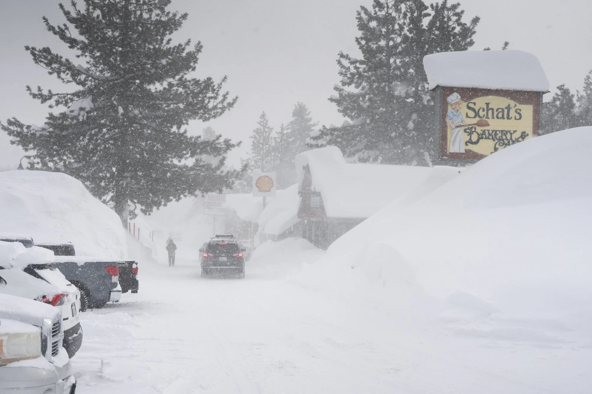 Schat's Bakery in Mammoth Lakes, California covered in snow after a massive snow storm