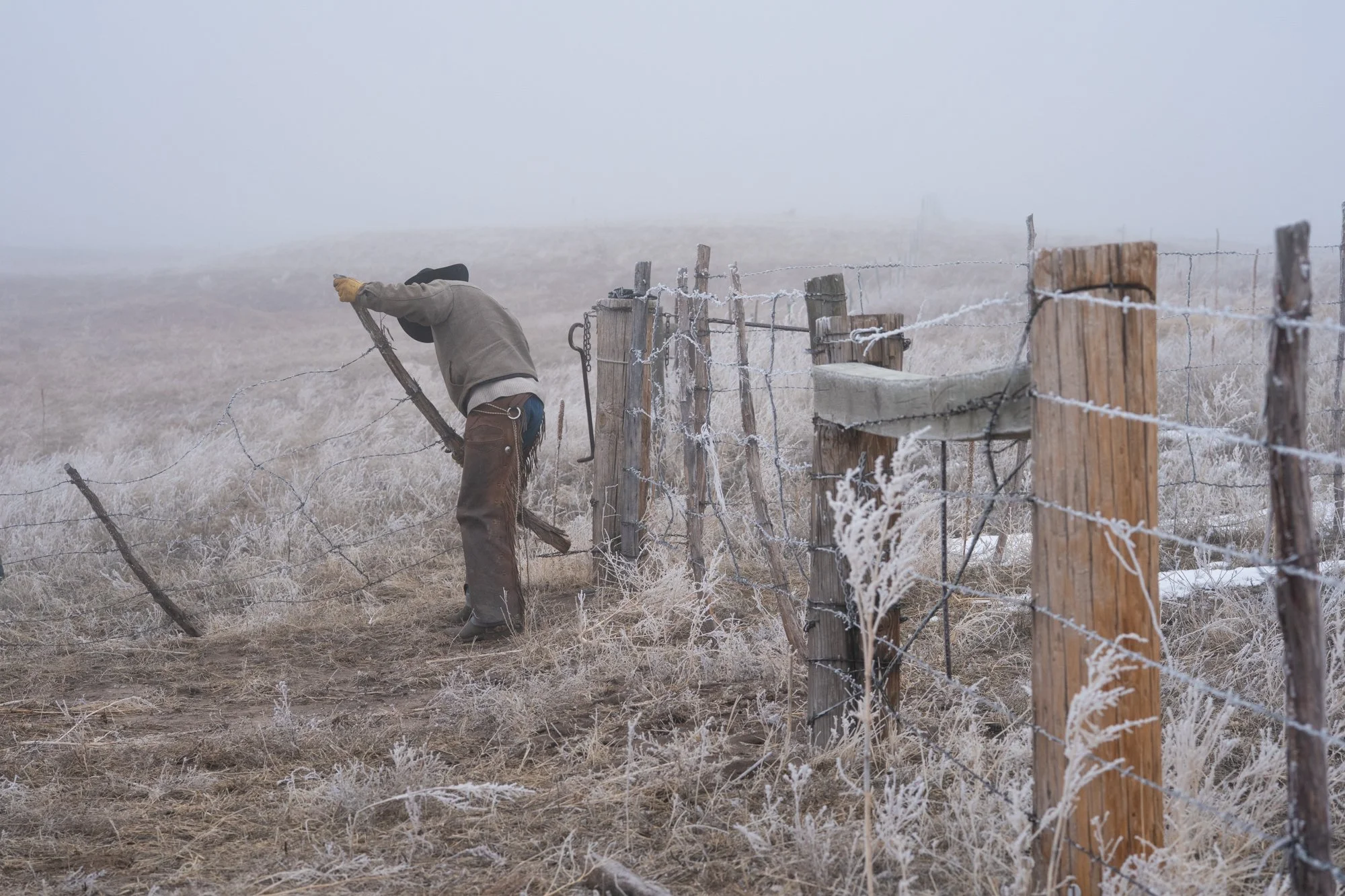 A cowboy opens a wire gate along a frost-covered fence line on a foggy morning at Silver Spur Ranch