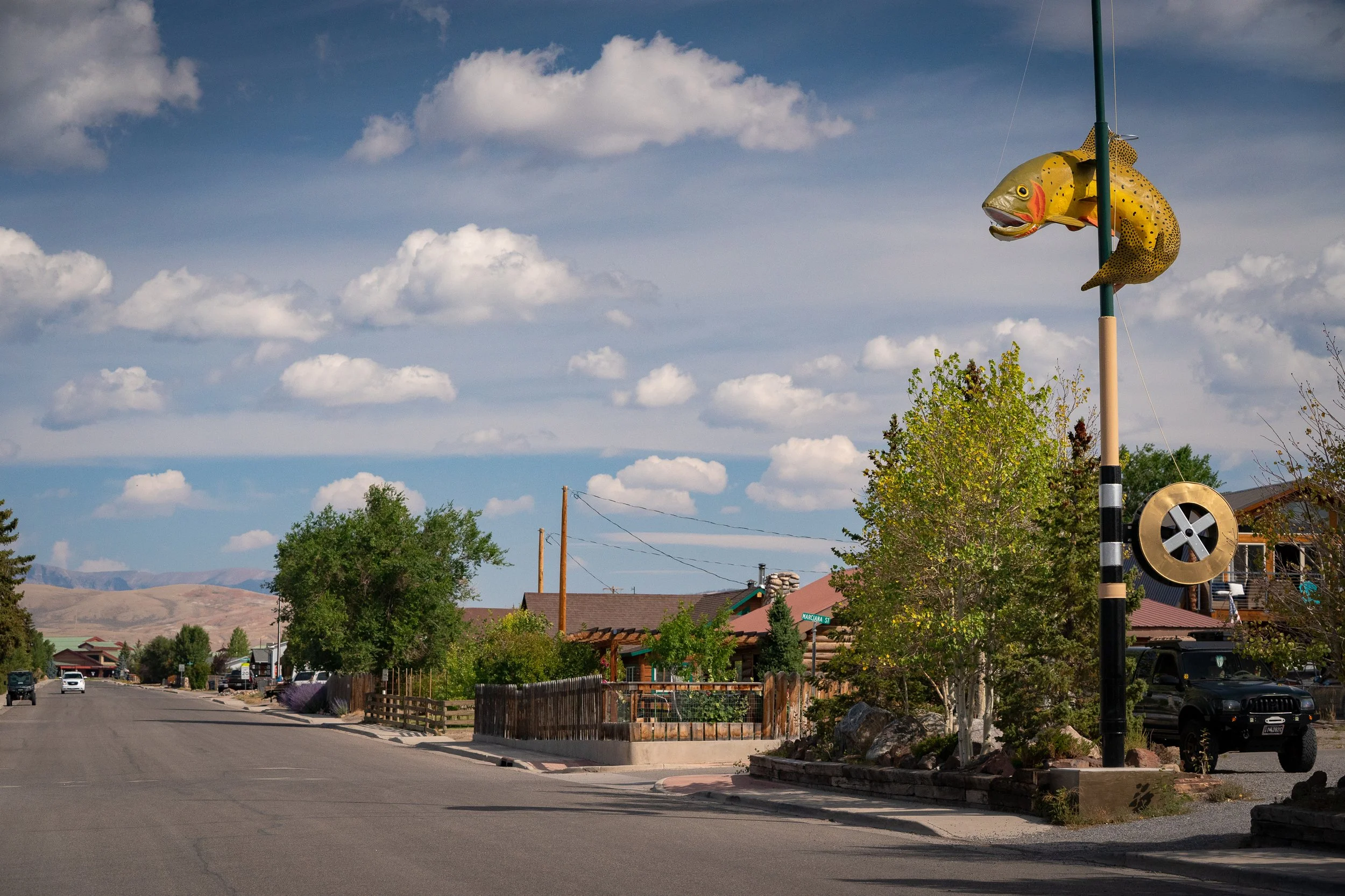 Fish shaped sign above a street in a small Wyoming town
