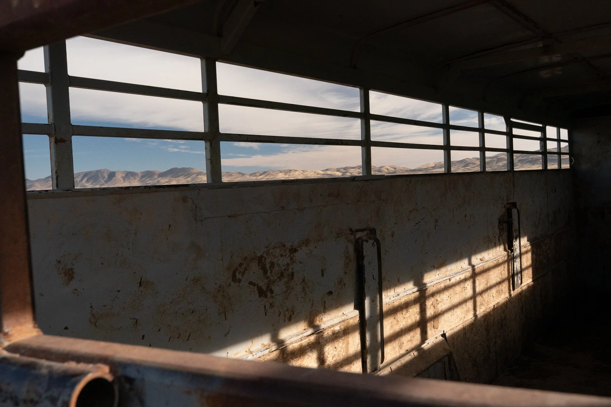 Interior of livestock trailer with light and shadow at TS Ranch