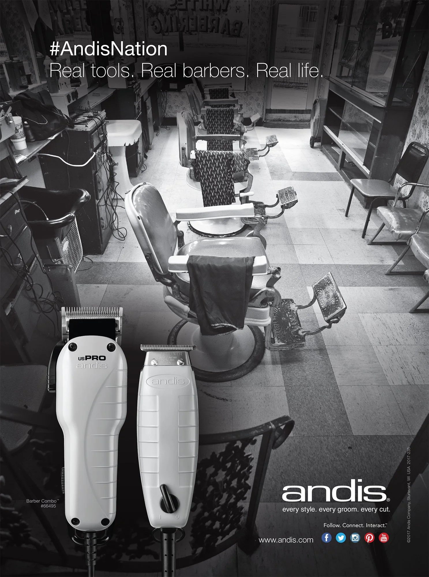 Andis Clippers advertisement using a black and white Barbershops of America photograph inside a traditional barber shop