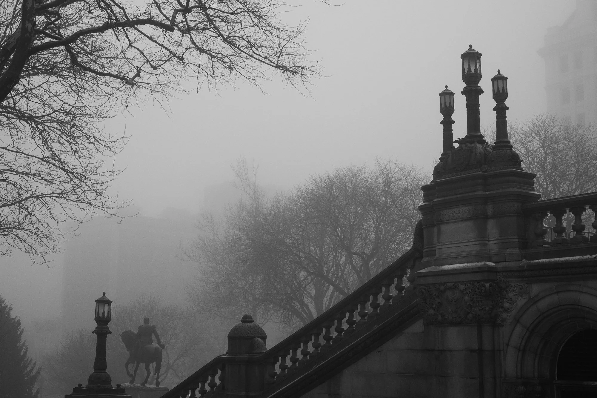 Black and white photography print of the statue and staircase in front of the Capital building in Albany, NY