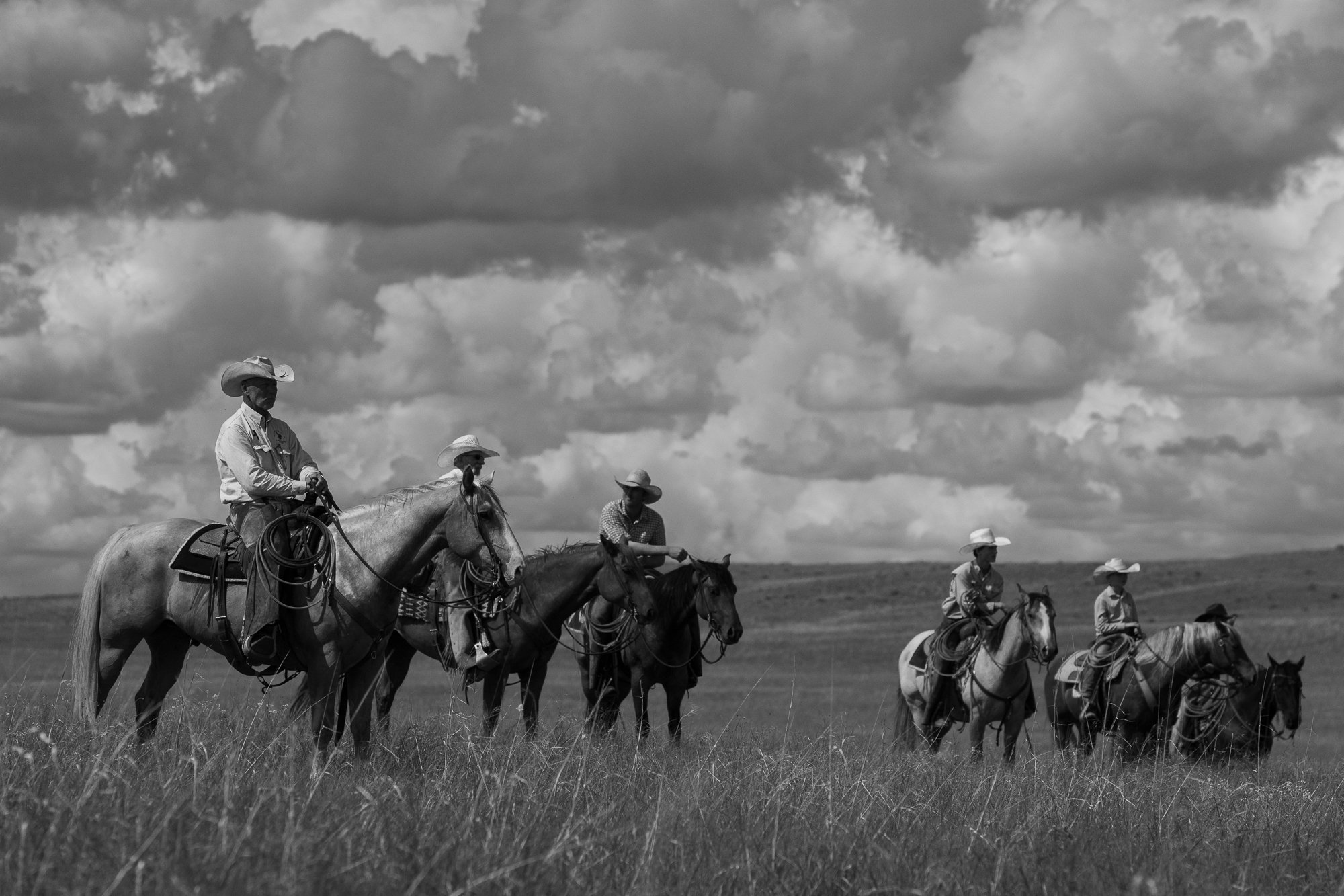 Cowboys on horseback pause in tall grass at Haythorn Ranch in Nebraska's Sandhills during ranch work.