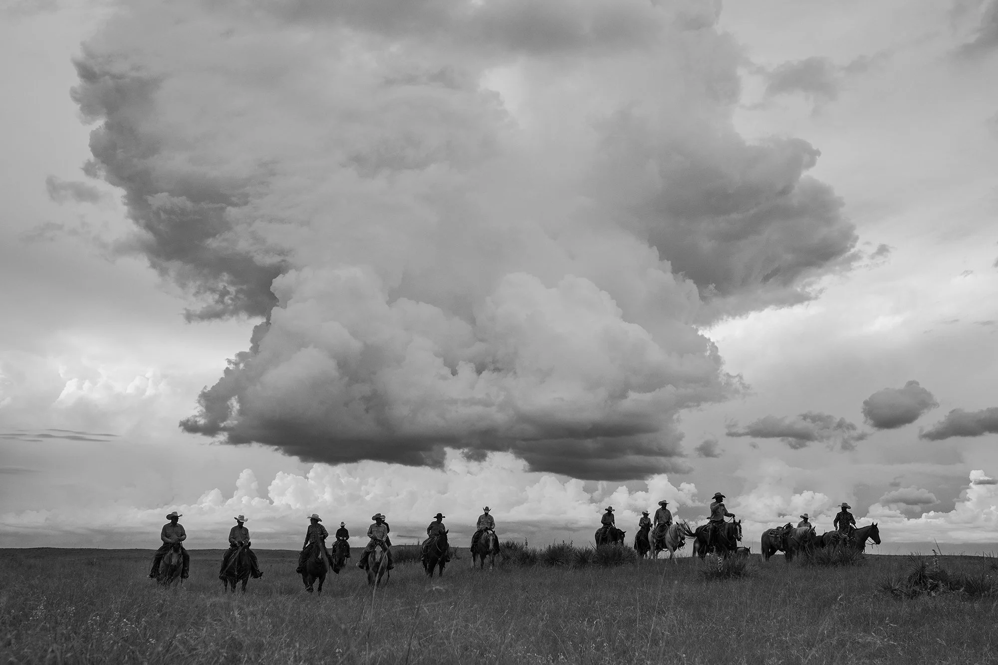 Dramatic black and white photograph of cowboys riding across open range