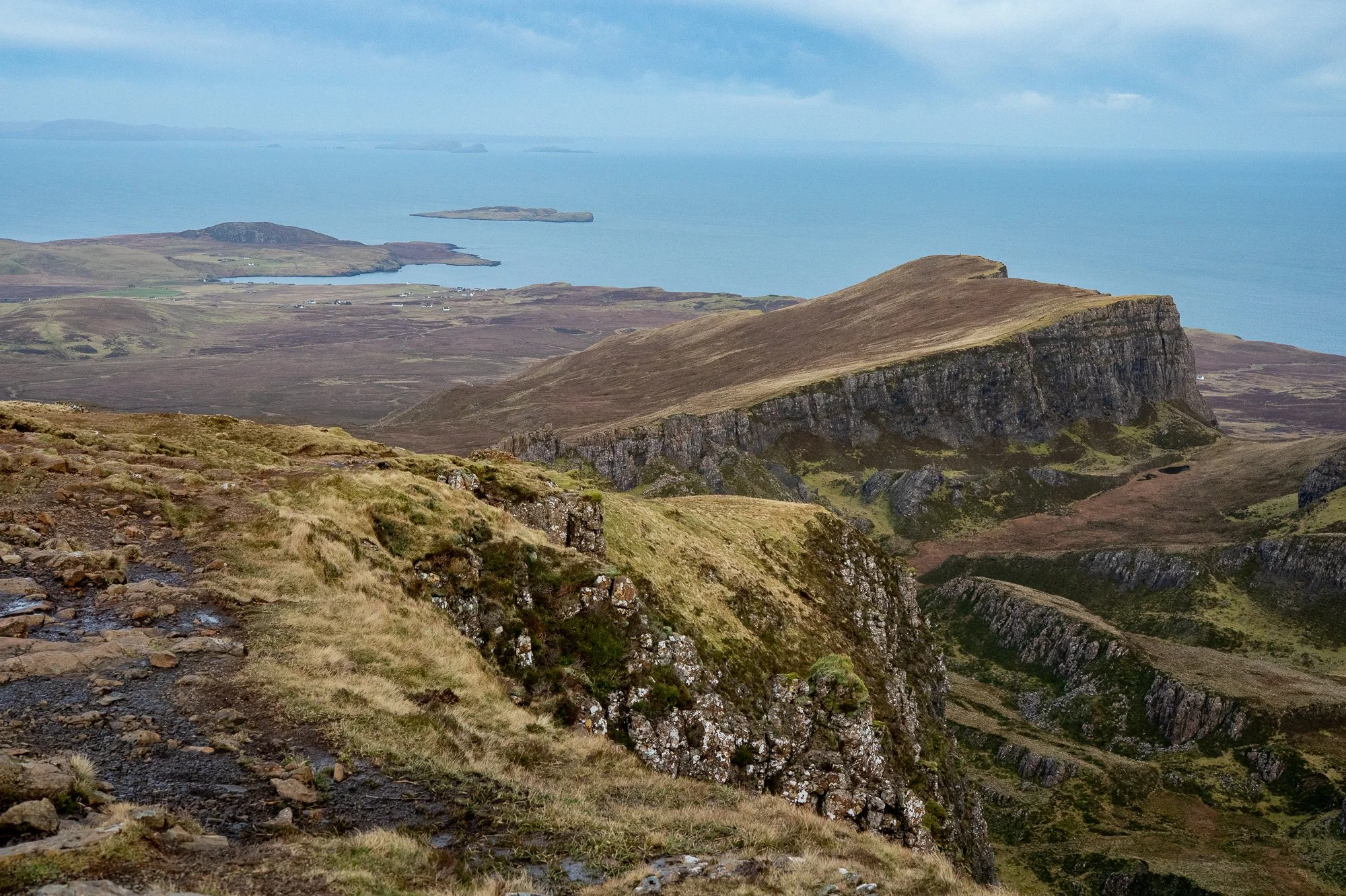 Coastal headland cliffs overlooking blue sea in the Scottish Highlands, fine art landscape print.