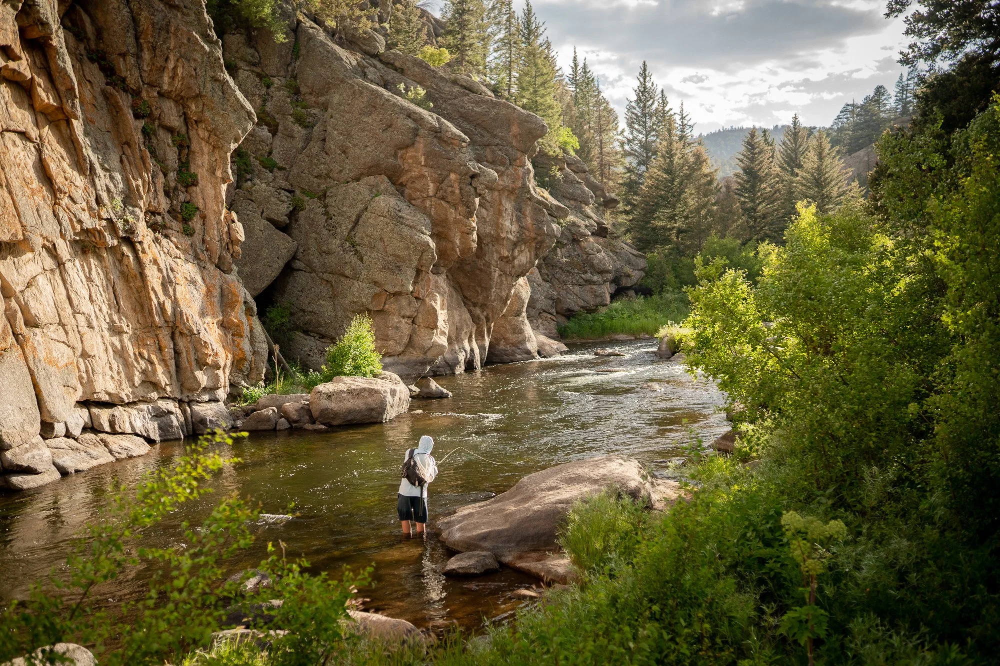 A fly angler stands in the river below canyon walls and trees with a rod in hand