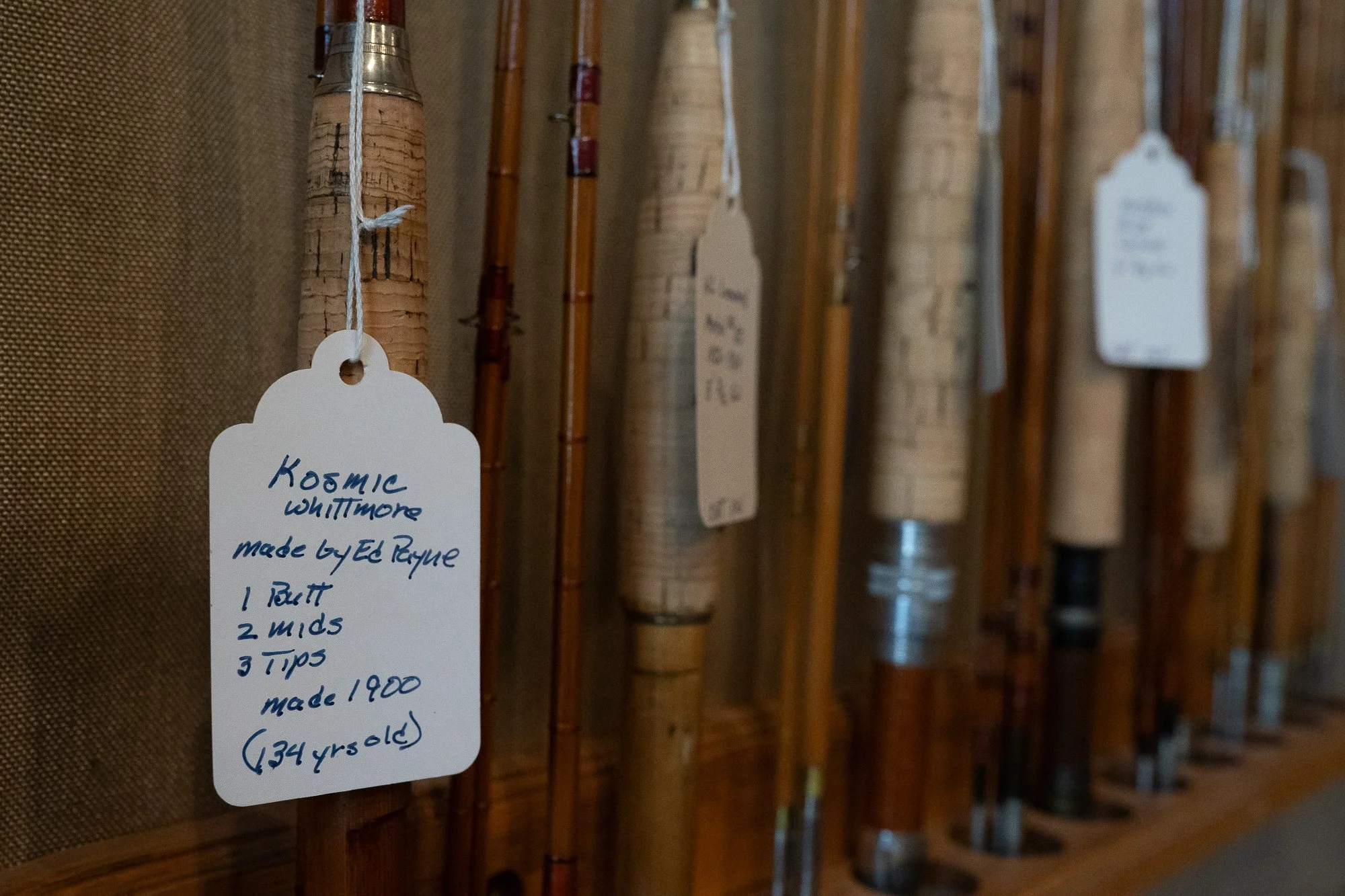 Antique bamboo fly rods displayed inside South Creek Ltd. in Lyons, Colorado.