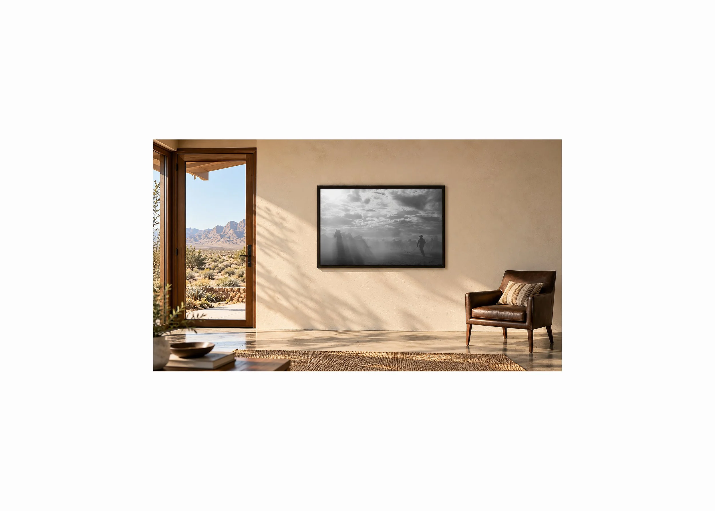 Fine art photography print of a cowboy working horses in a cloud of dust