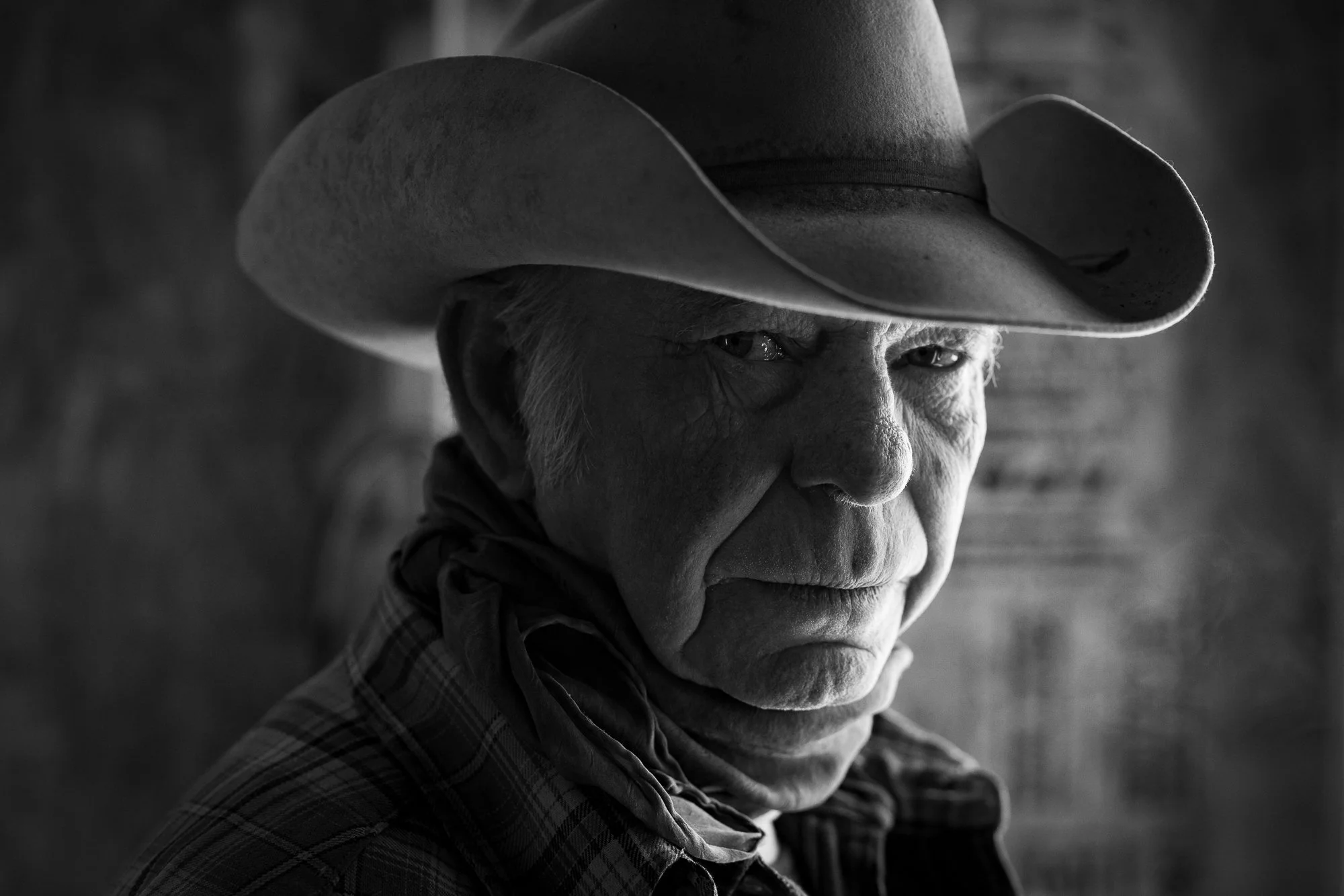 Portrait of a cowboy wearing a hat and bandana